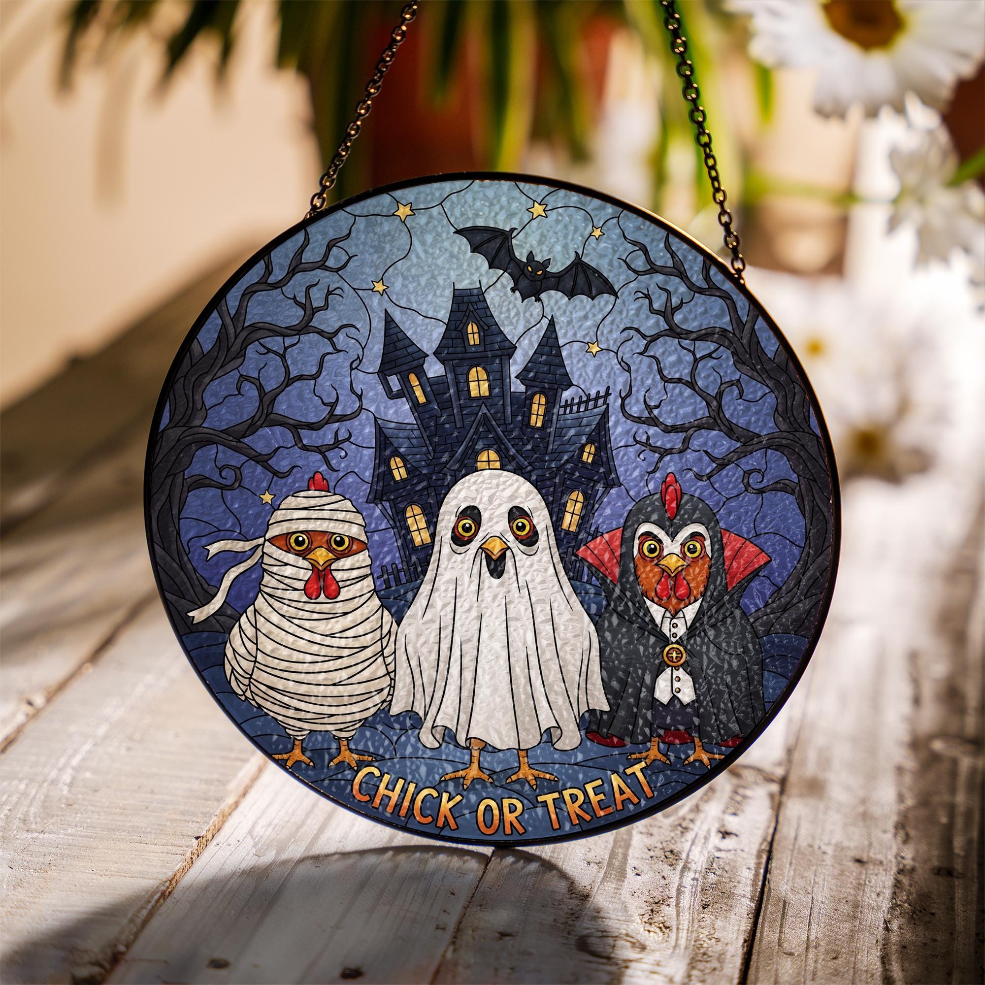 Chick or Treat Suncatcher | Funny Halloween Chicken Faux Stained Glass | Haunted House Window Hanging | Spooky Farmhouse Decor
