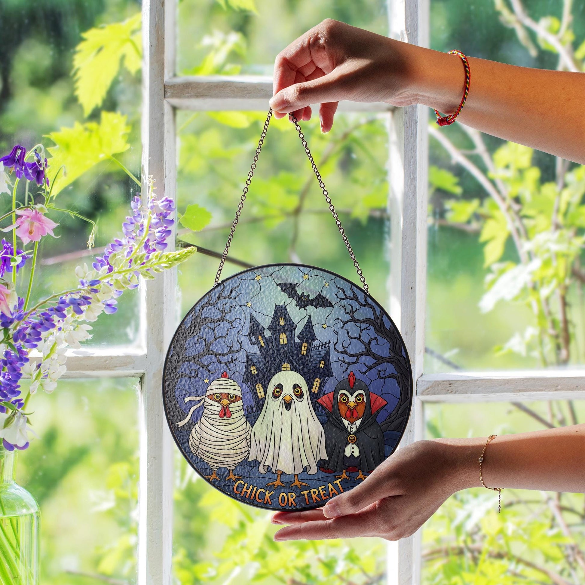 Chick or Treat Suncatcher | Funny Halloween Chicken Faux Stained Glass | Haunted House Window Hanging | Spooky Farmhouse Decor