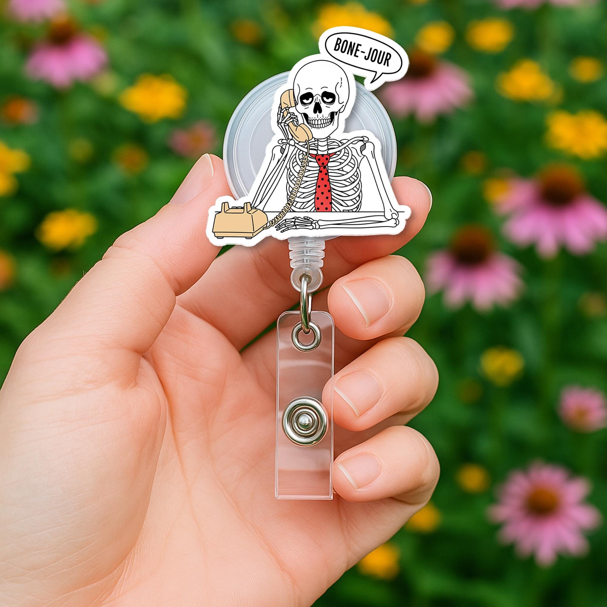 Funny Skeleton Badge Reel | Bone-Jour Pun Badge Holder | Spooky Retractable ID Clip | Halloween Office Gift | Cute Work Badge