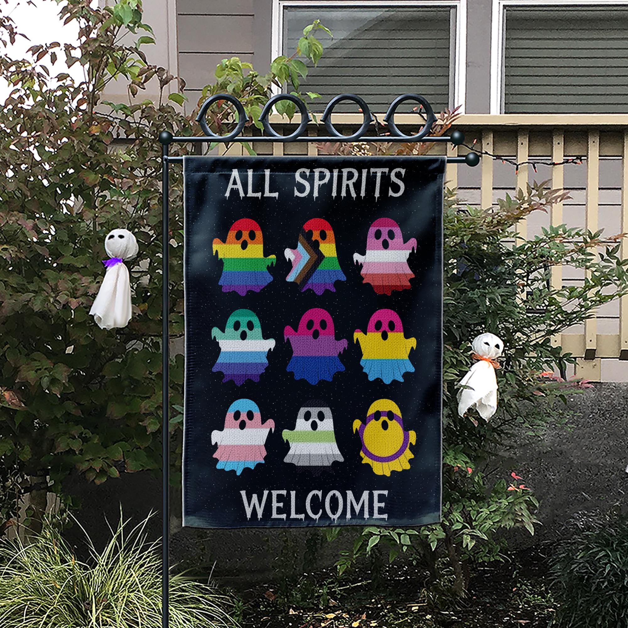 All Spirits Welcome Flag | LGBTQ Pride Halloween Garden Flag | Inclusive Ghost Yard Decoration | Outdoor Spooky House Decor