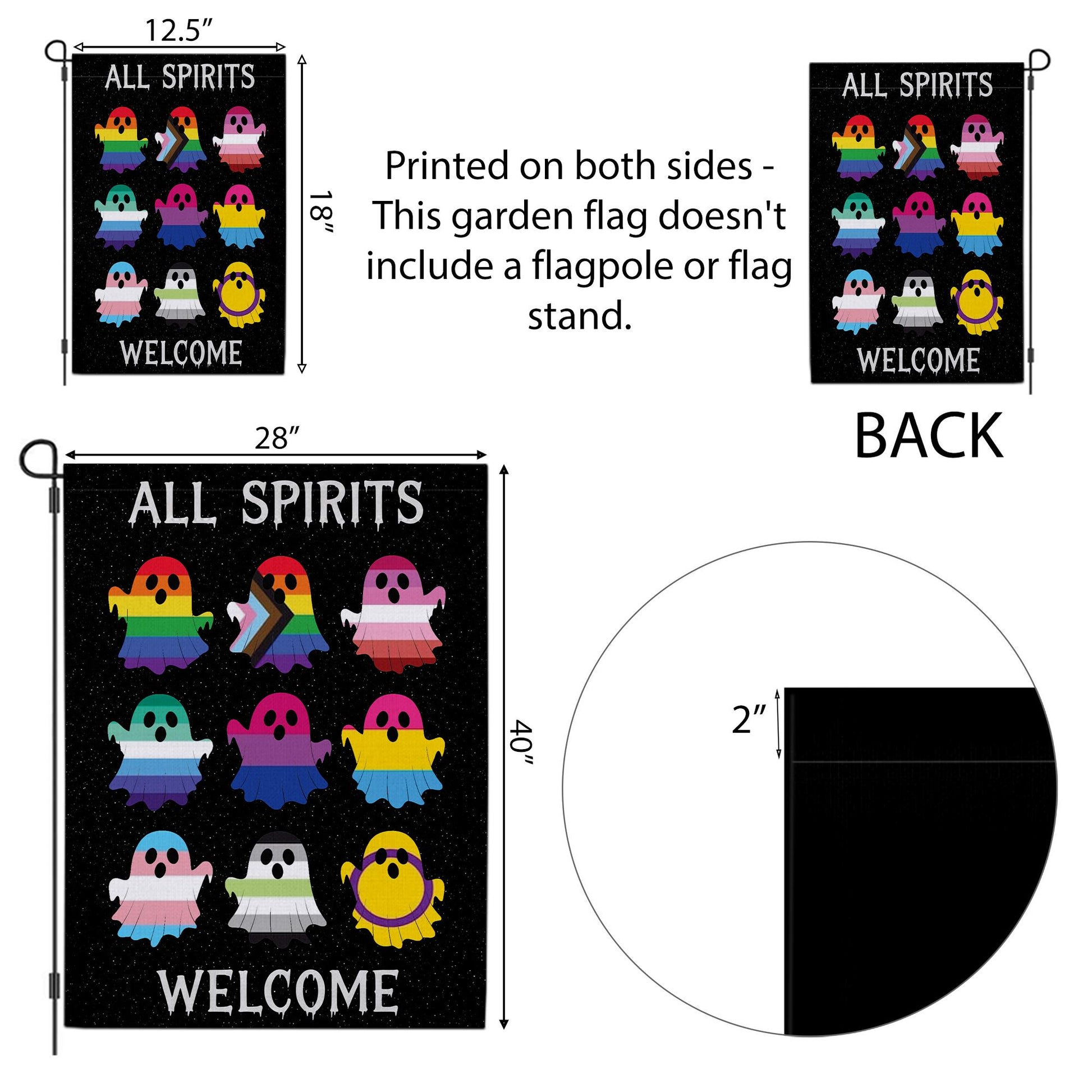 All Spirits Welcome Flag | LGBTQ Pride Halloween Garden Flag | Inclusive Ghost Yard Decoration | Outdoor Spooky House Decor