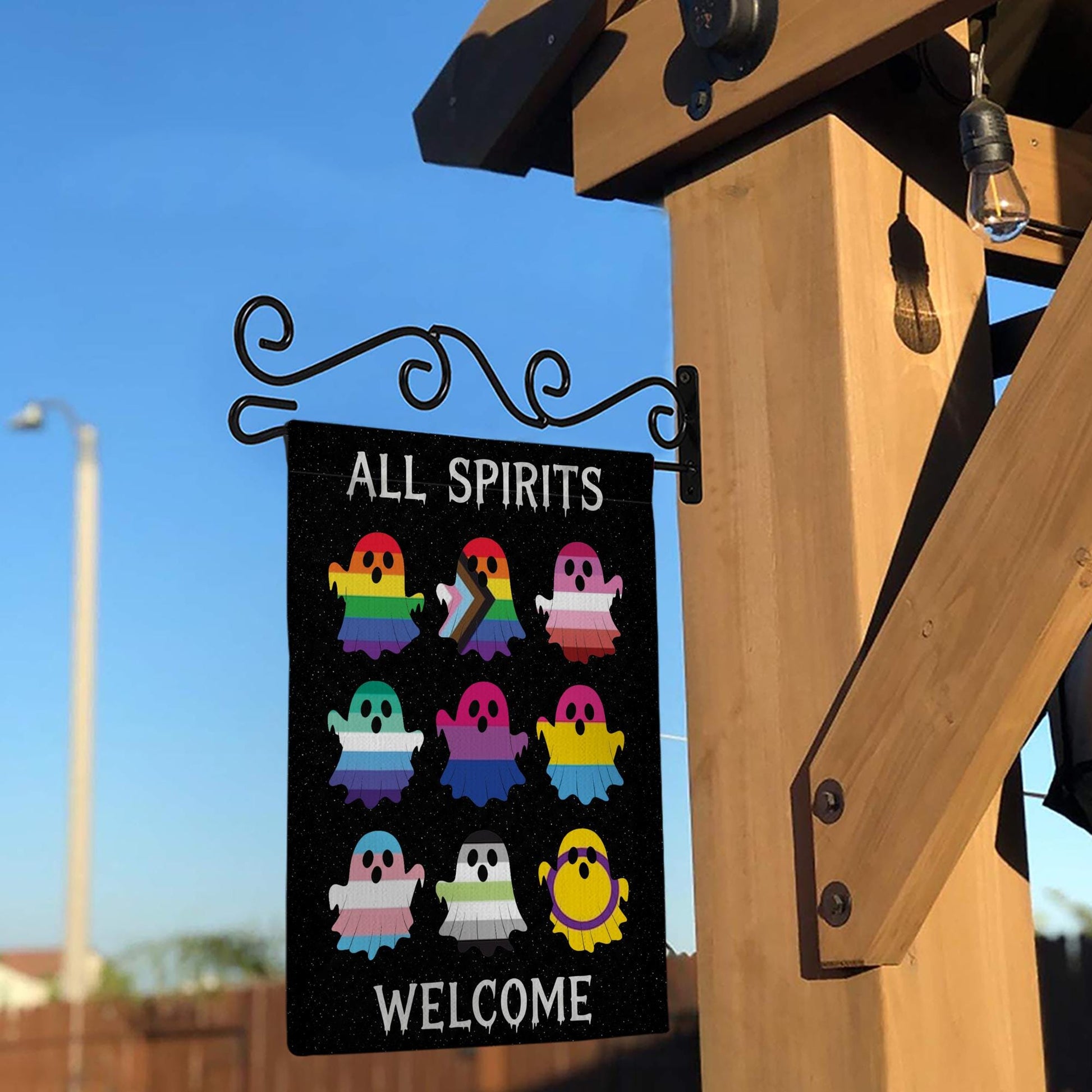 All Spirits Welcome Flag | LGBTQ Pride Halloween Garden Flag | Inclusive Ghost Yard Decoration | Outdoor Spooky House Decor