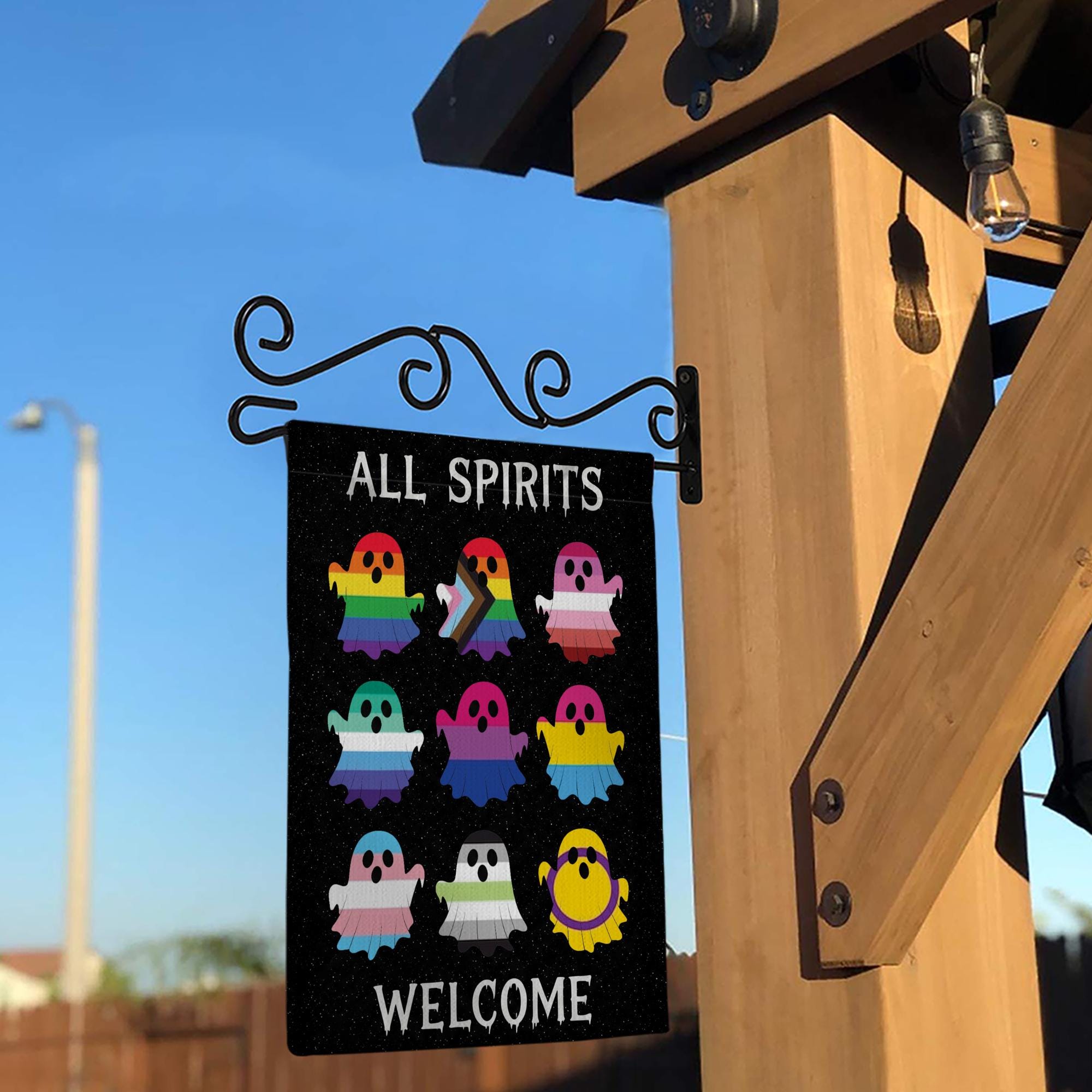 All Spirits Welcome Flag | LGBTQ Pride Halloween Garden Flag | Inclusive Ghost Yard Decoration | Outdoor Spooky House Decor