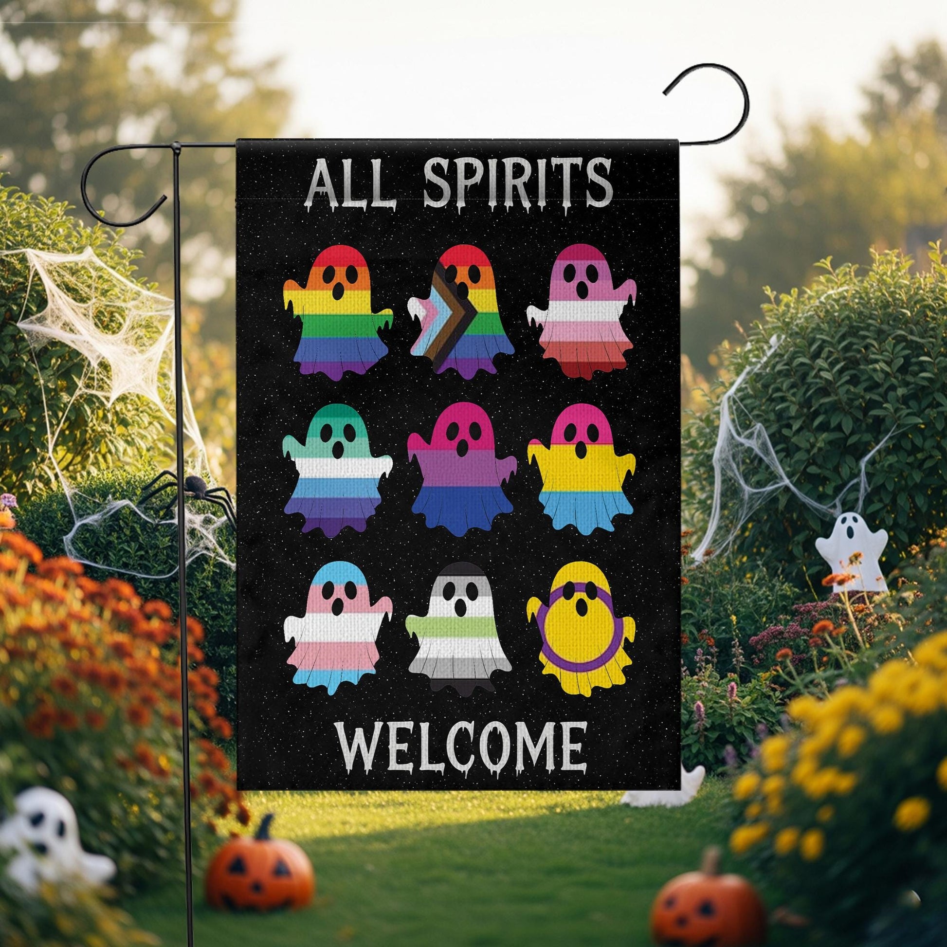 All Spirits Welcome Flag | LGBTQ Pride Halloween Garden Flag | Inclusive Ghost Yard Decoration | Outdoor Spooky House Decor