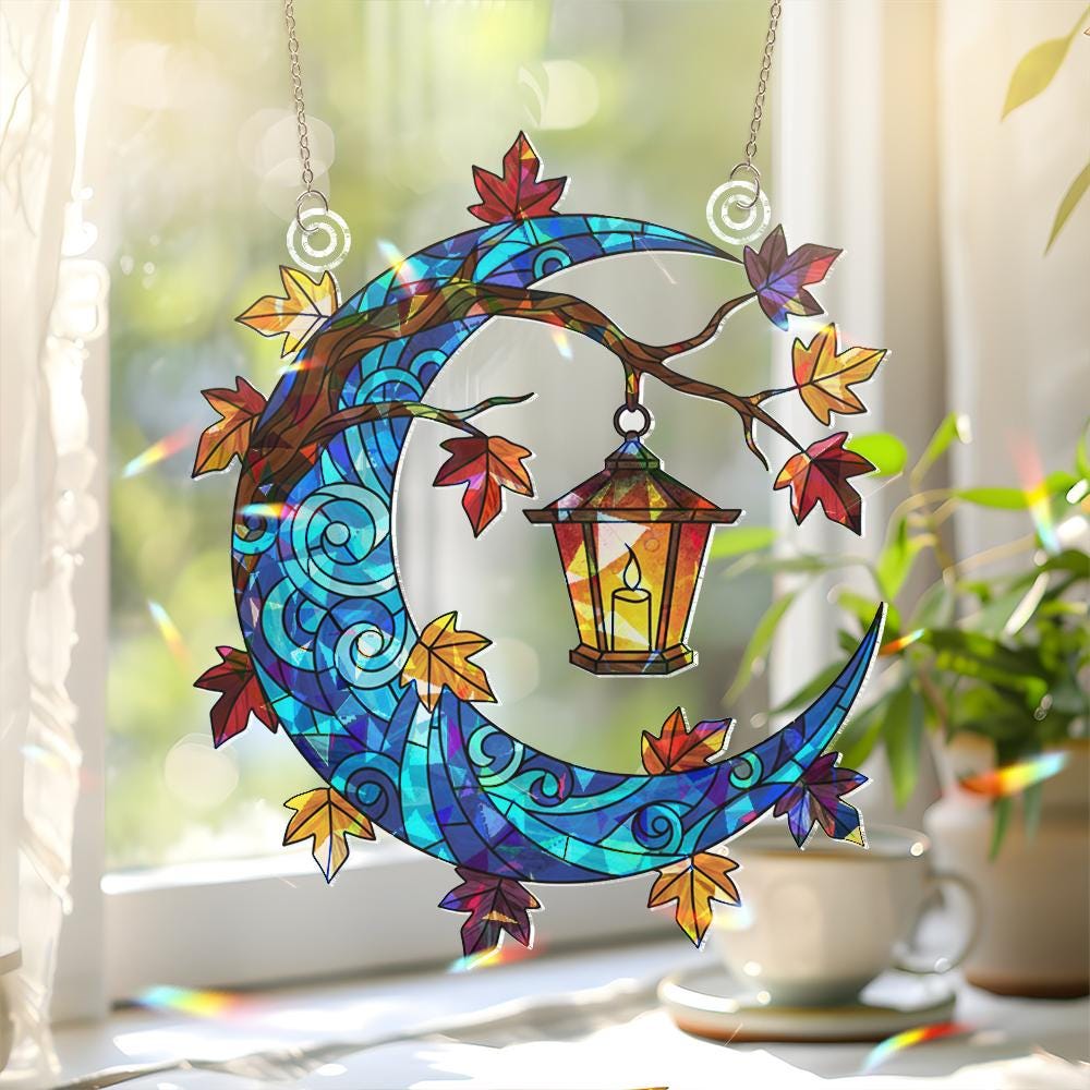 Hologram Acrylic Moon Window Hanging: Autumn Leaf Lantern Decor