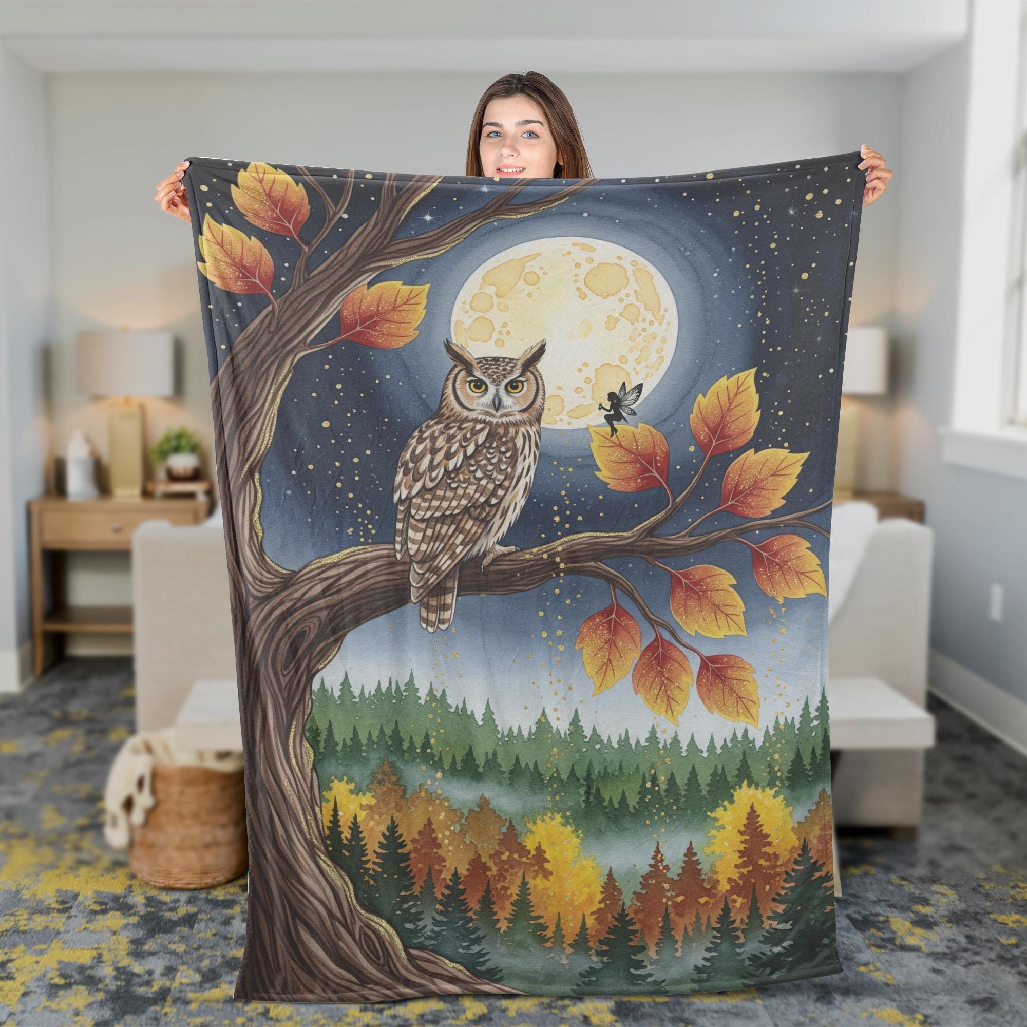 Owl Fleece Blanket | Cozy Fall Forest Throw with Moon & Autumn Leaves | Soft Woodland Wildlife Bed Blanket | Nature Lover Gift