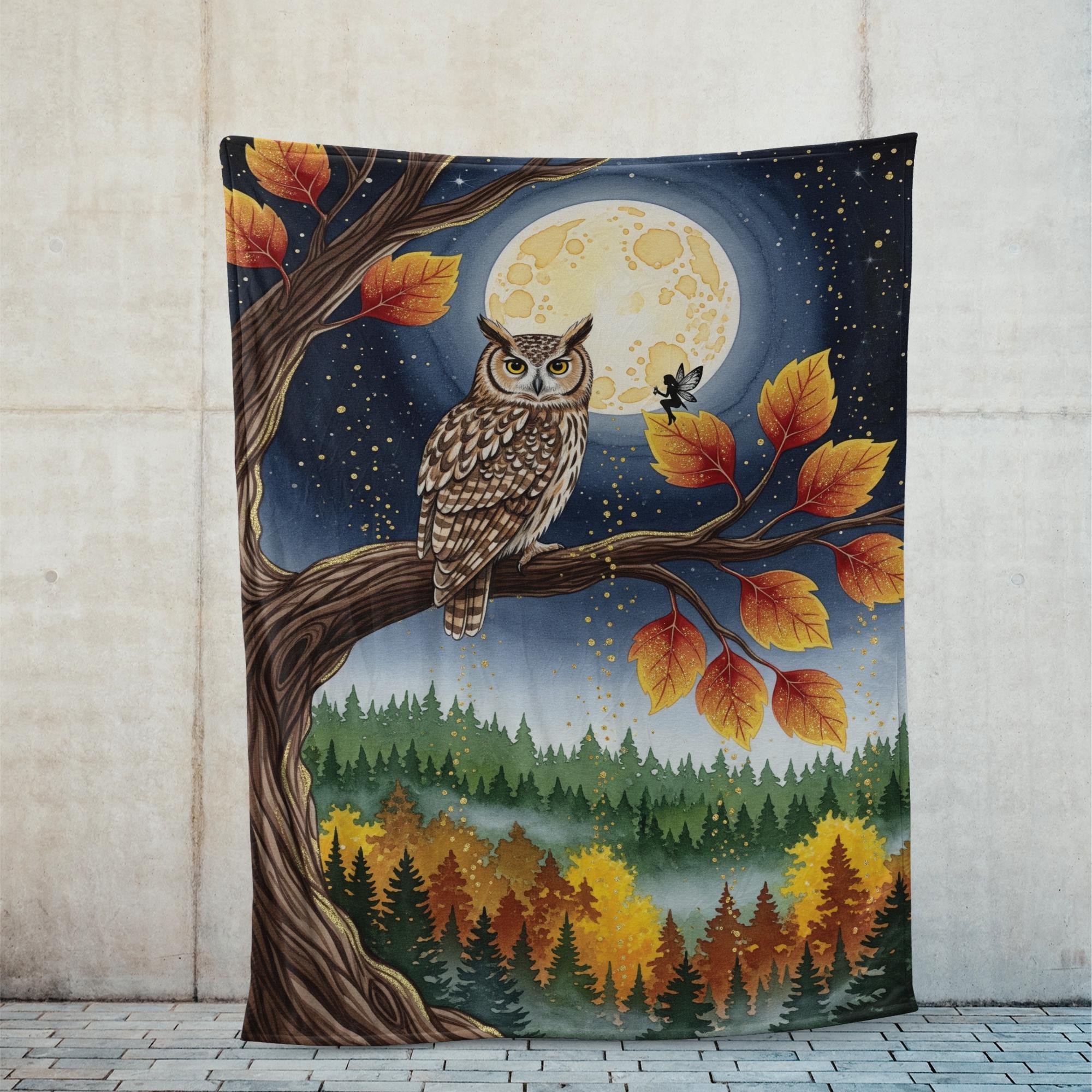 Owl Fleece Blanket | Cozy Fall Forest Throw with Moon & Autumn Leaves | Soft Woodland Wildlife Bed Blanket | Nature Lover Gift