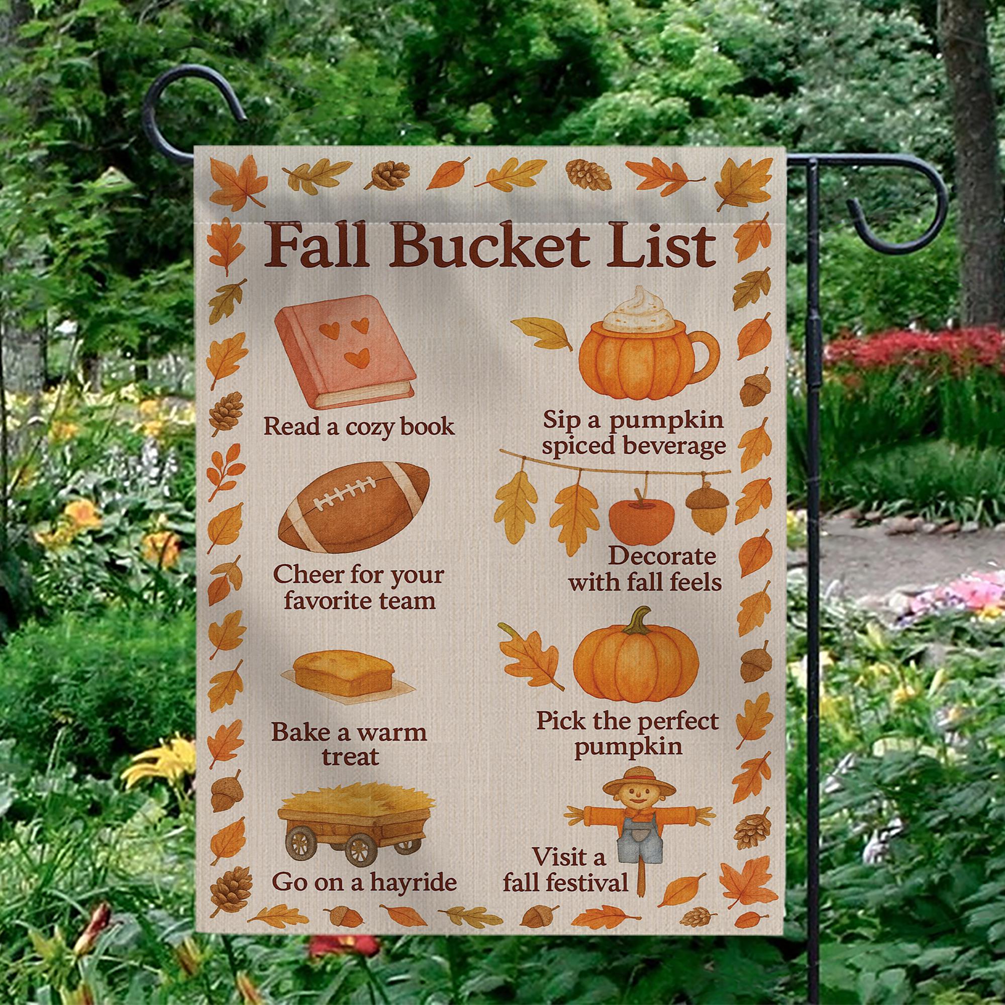 Fall Bucket List Garden Flag: Autumn Outdoor Decor - Polyester