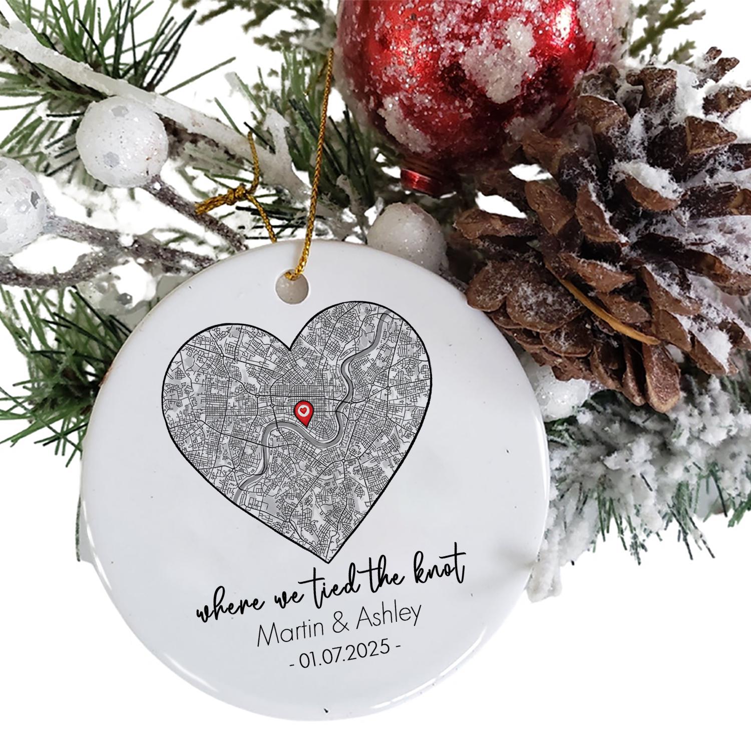 Custom Wedding Map Ceramic Ornament: Personalized Couple Keepsake