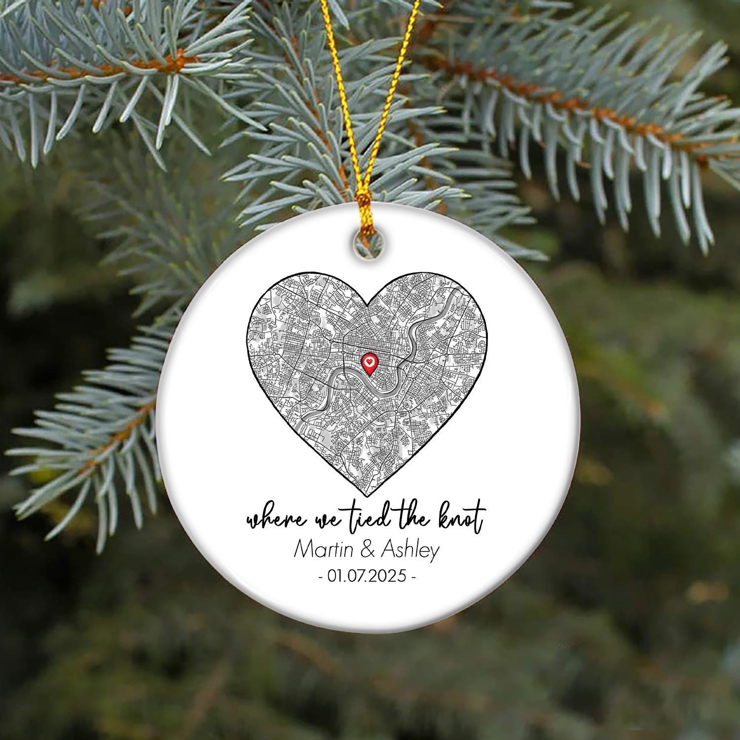 Custom Wedding Map Ceramic Ornament: Personalized Couple Keepsake