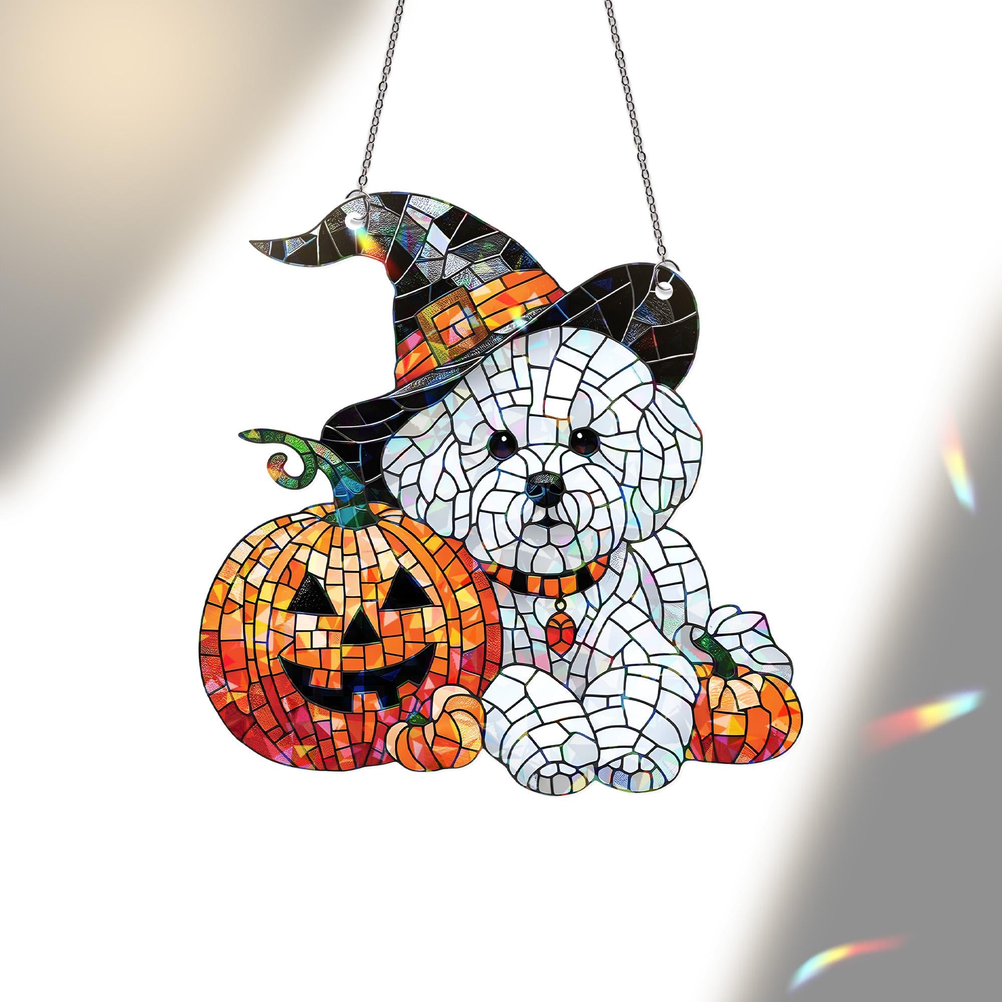 Bichon Frise Halloween Suncatcher • Dog Witch Hat Holographic Window Hanging
