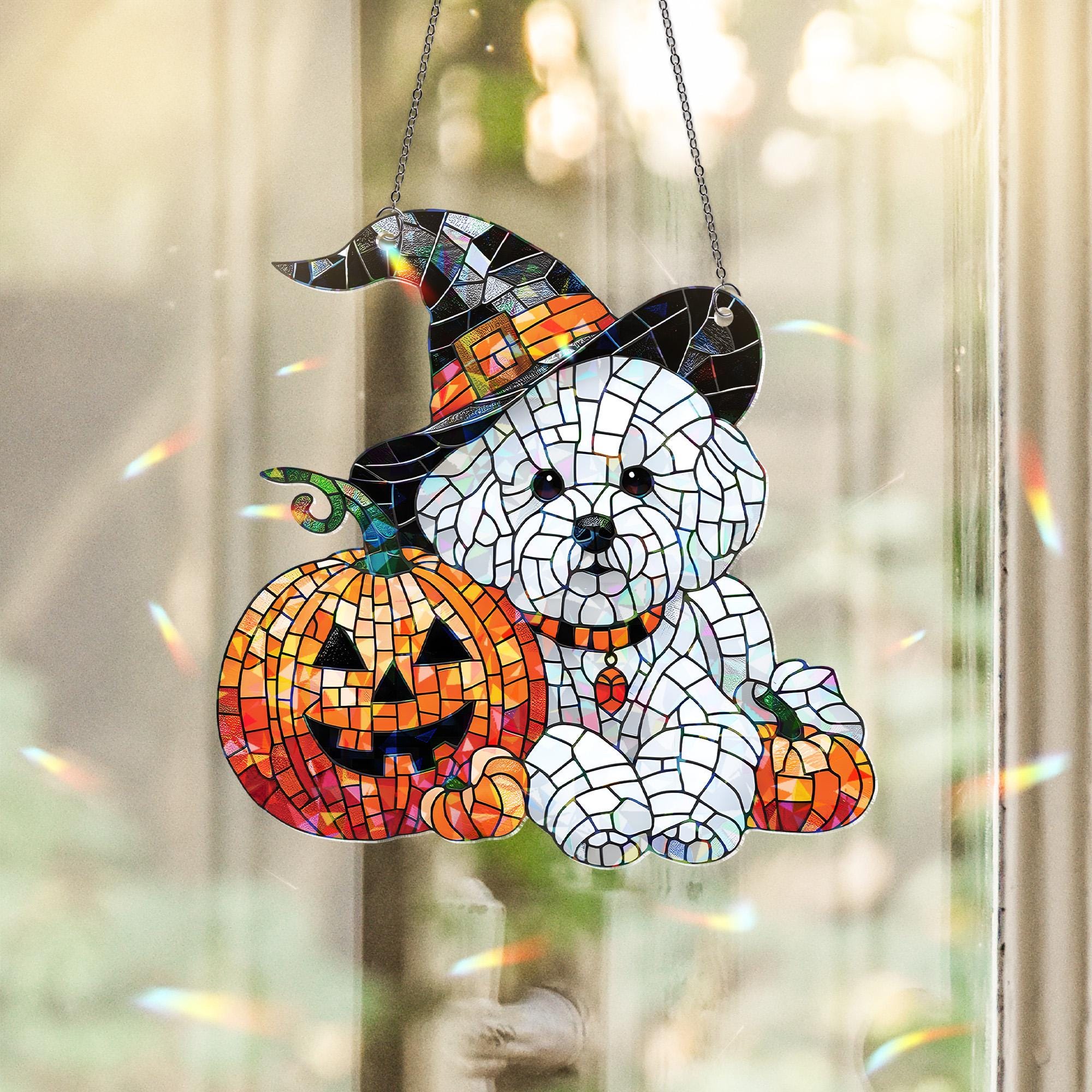 Bichon Frise Halloween Suncatcher • Dog Witch Hat Holographic Window Hanging