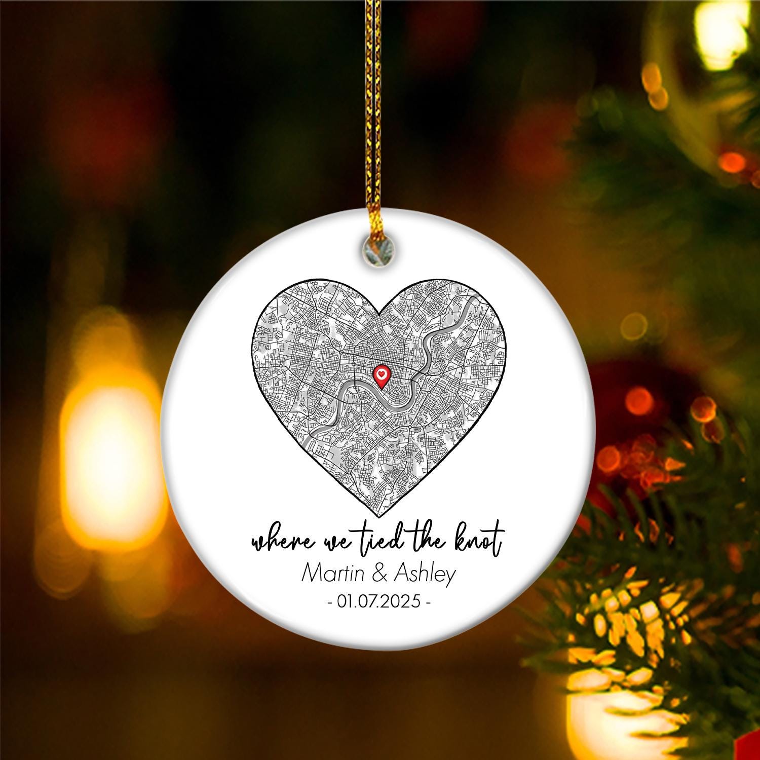 Custom Wedding Map Ceramic Ornament: Personalized Couple Keepsake
