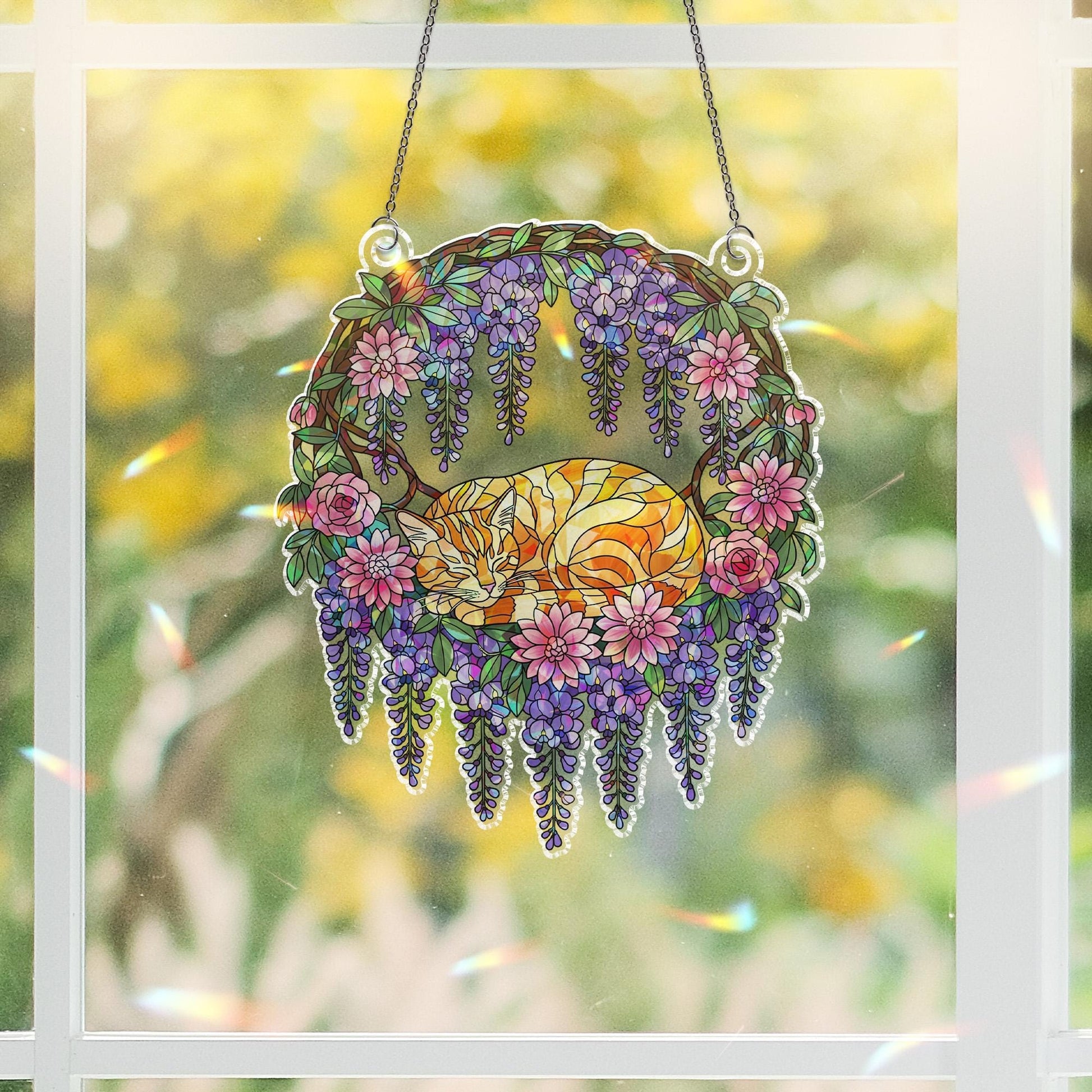 Holographic Cat Window Hanging | Stained Glass Style Sun Catcher | Floral Wisteria Decor | Boho Home Decoration | Cat Lover Gift