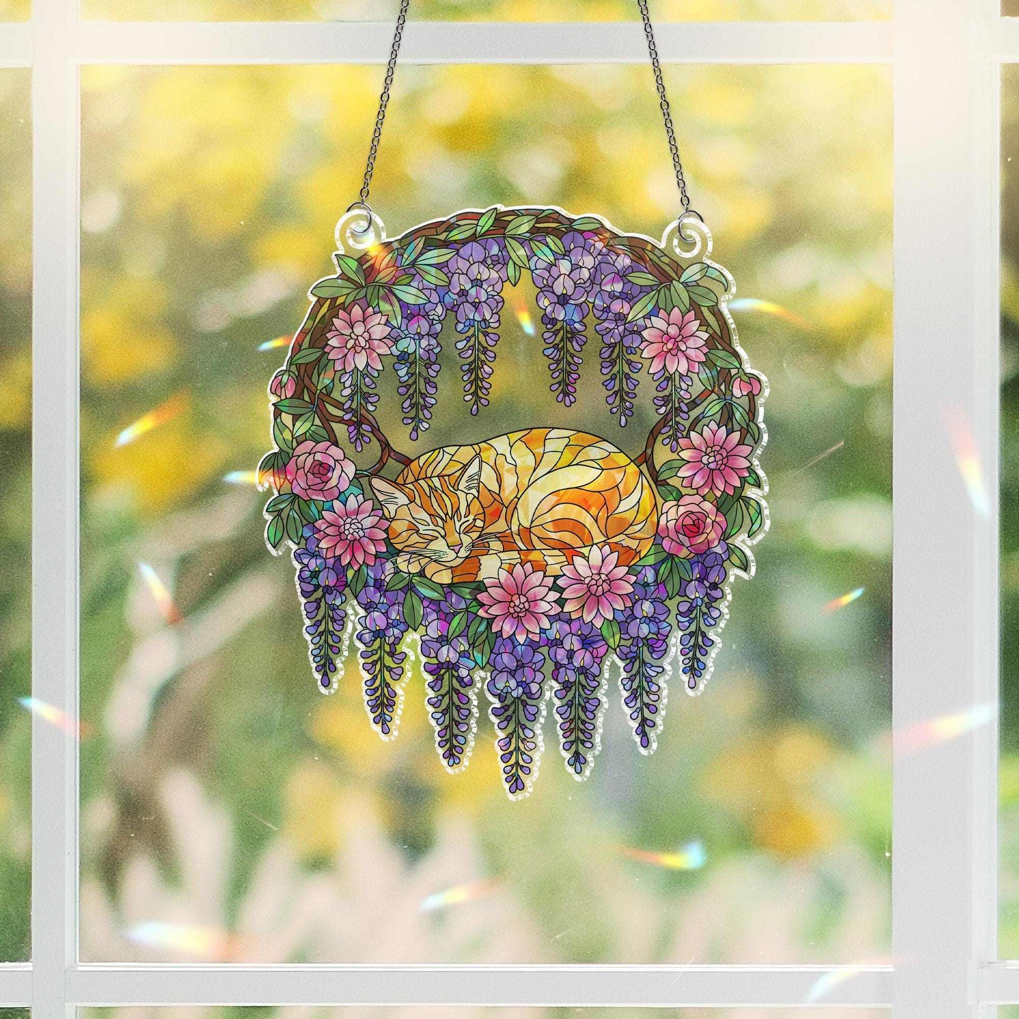 Holographic Cat Window Hanging | Stained Glass Style Sun Catcher | Floral Wisteria Decor | Boho Home Decoration | Cat Lover Gift