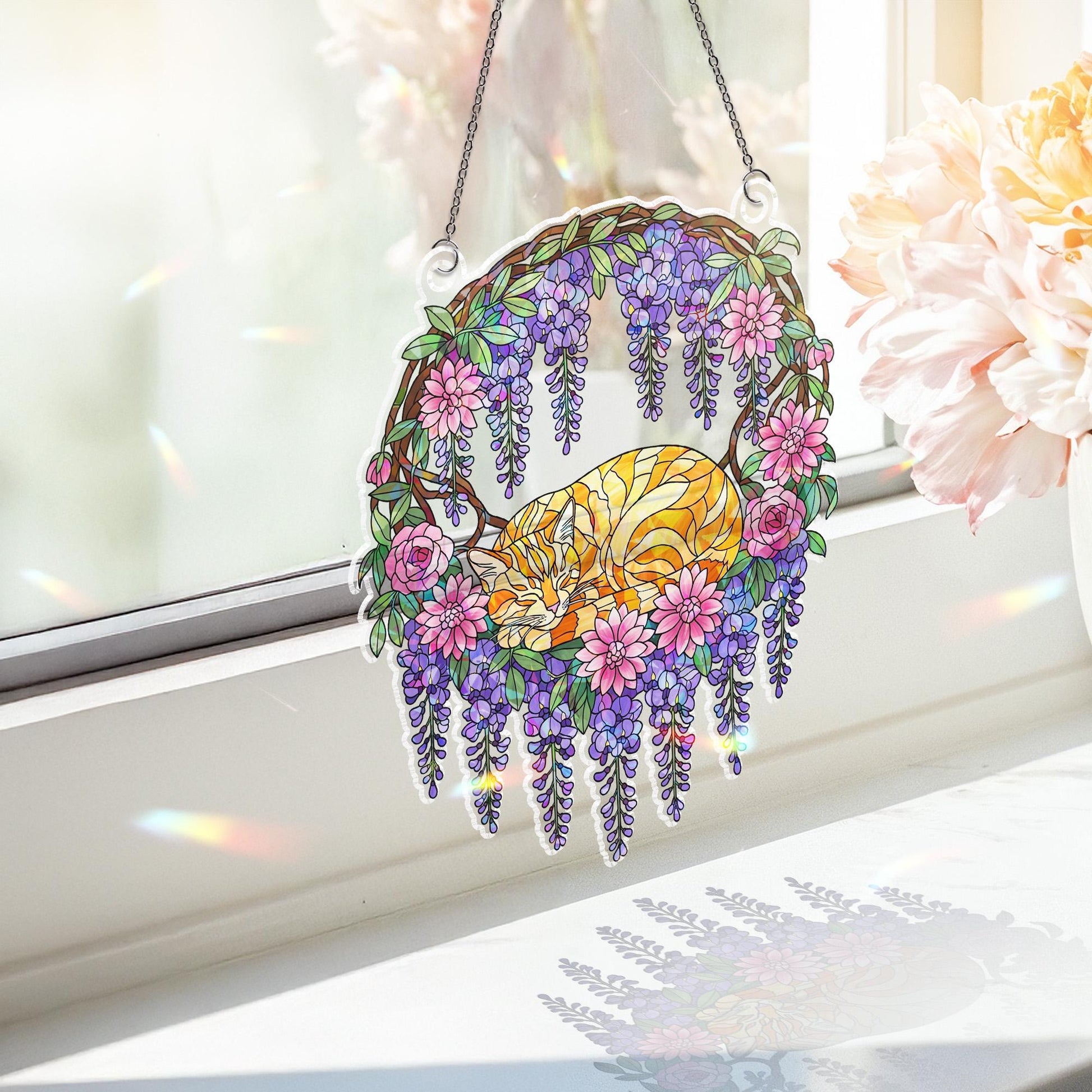 Holographic Cat Window Hanging | Stained Glass Style Sun Catcher | Floral Wisteria Decor | Boho Home Decoration | Cat Lover Gift