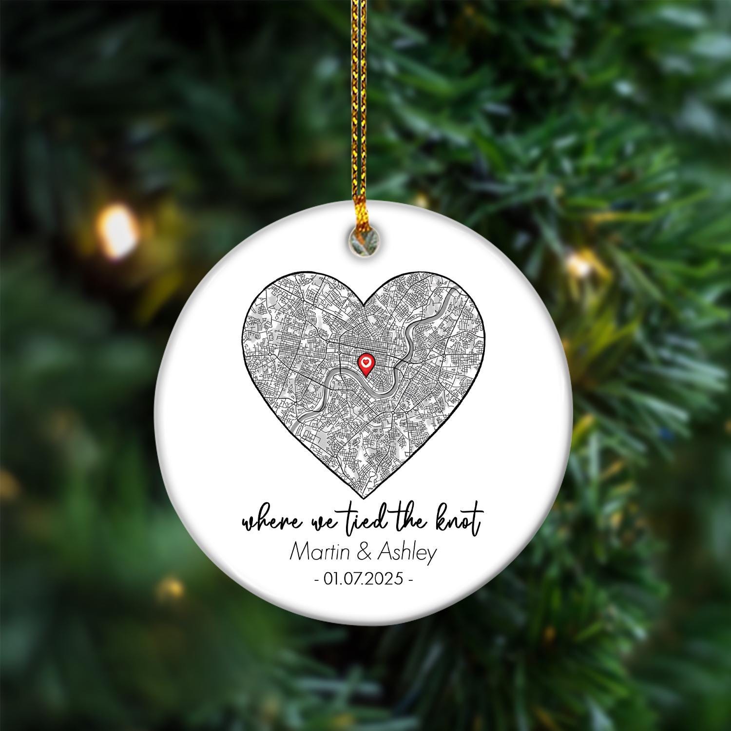 Custom Wedding Map Ceramic Ornament: Personalized Couple Keepsake