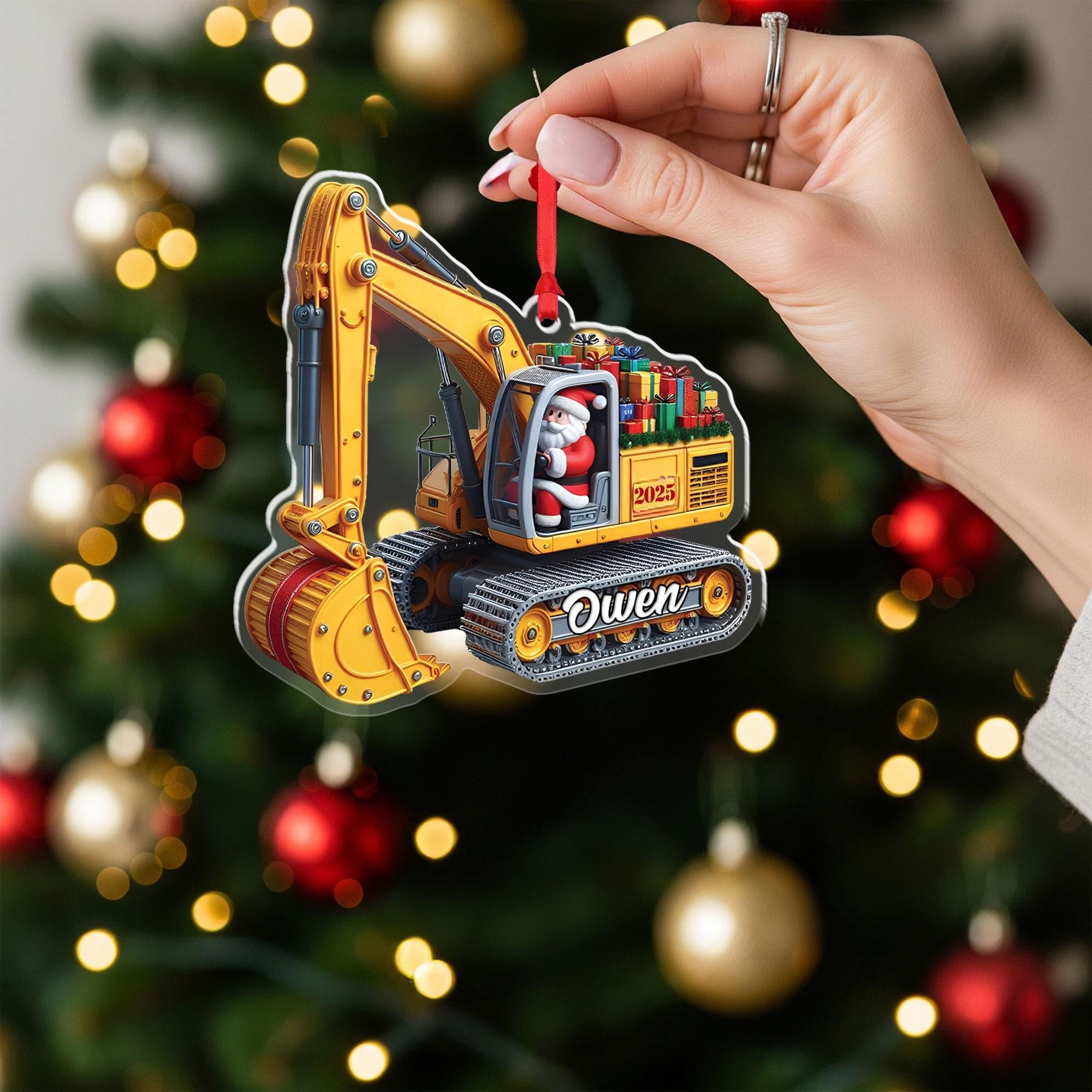 Personalized Excavator Christmas Ornament: 2D Flat Construction Keepsake