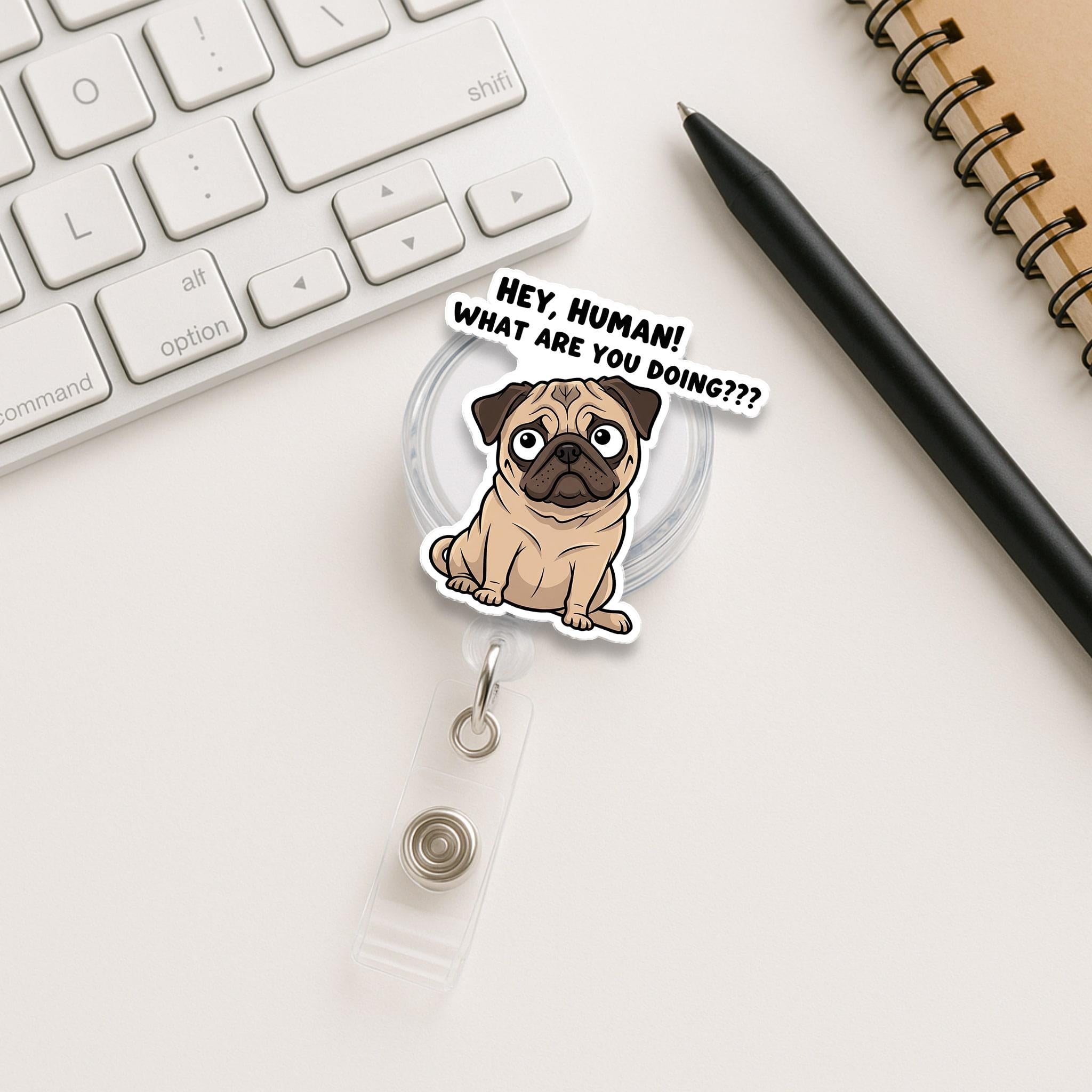 Cute Pug Badge Reel | Funny Dog ID Holder | Retractable Name Tag Clip for Nurses, Teachers, Vet Techs, Dog Lovers Gift