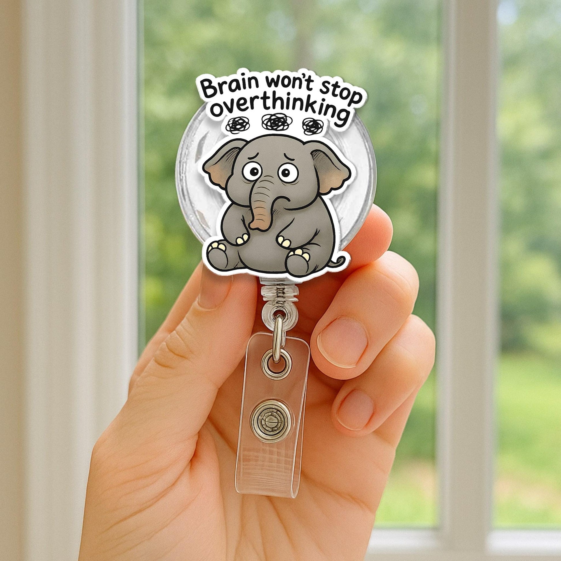 Funny Overthinking Elephant Badge Reel: Retractable ID Holder