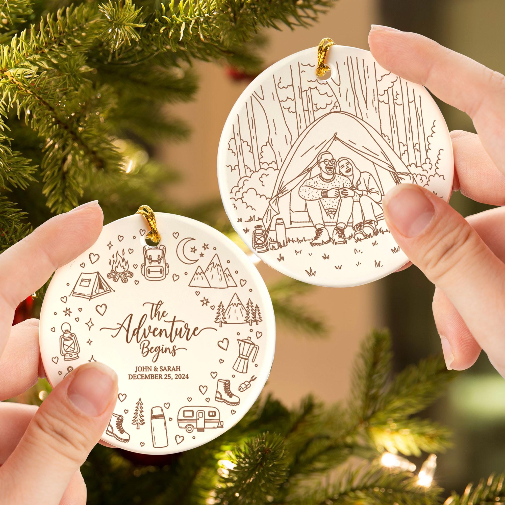 Personalized Camping Photo Ornament: Adventure Begins Christmas Tree Decoration