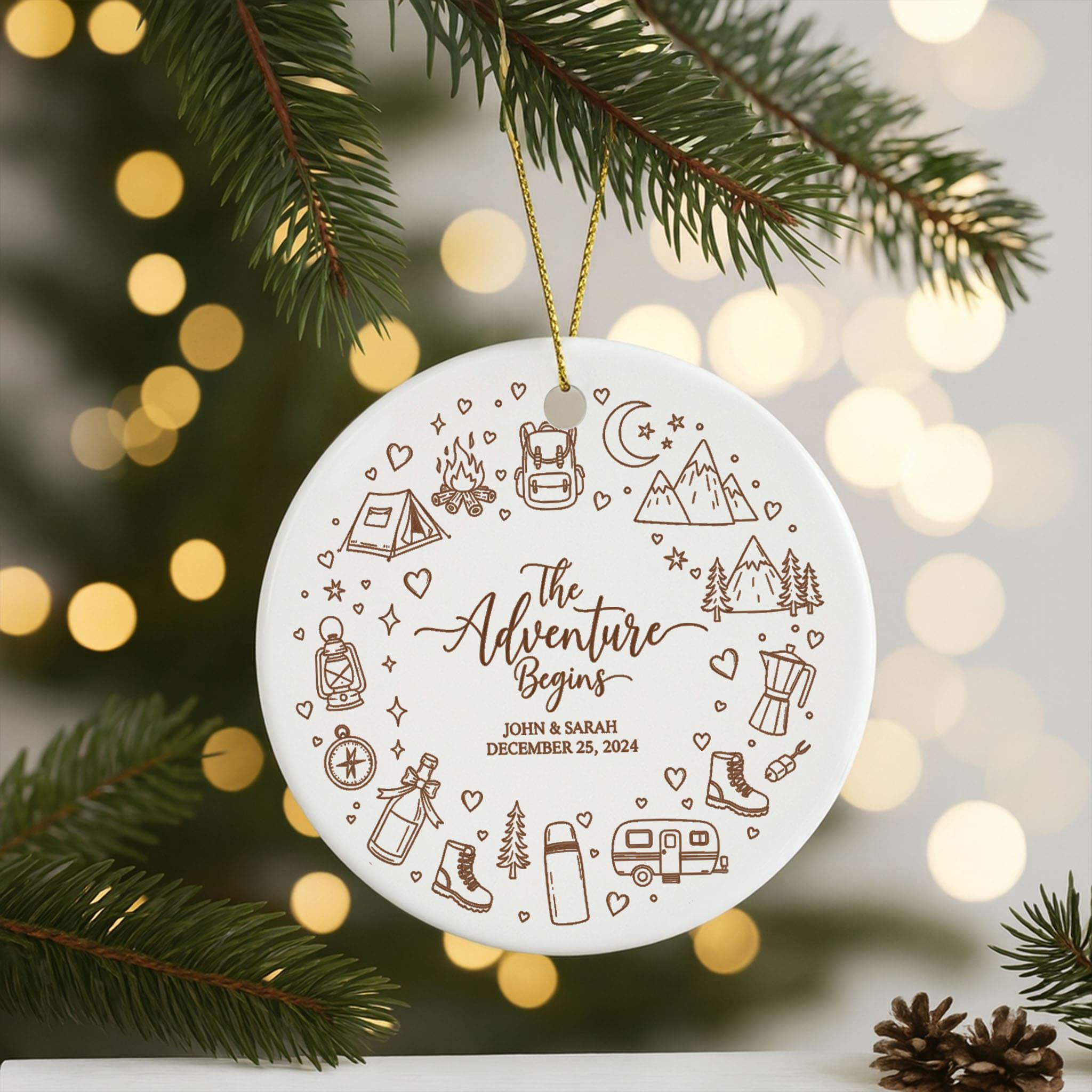 Personalized Camping Photo Ornament: Adventure Begins Christmas Tree Decoration