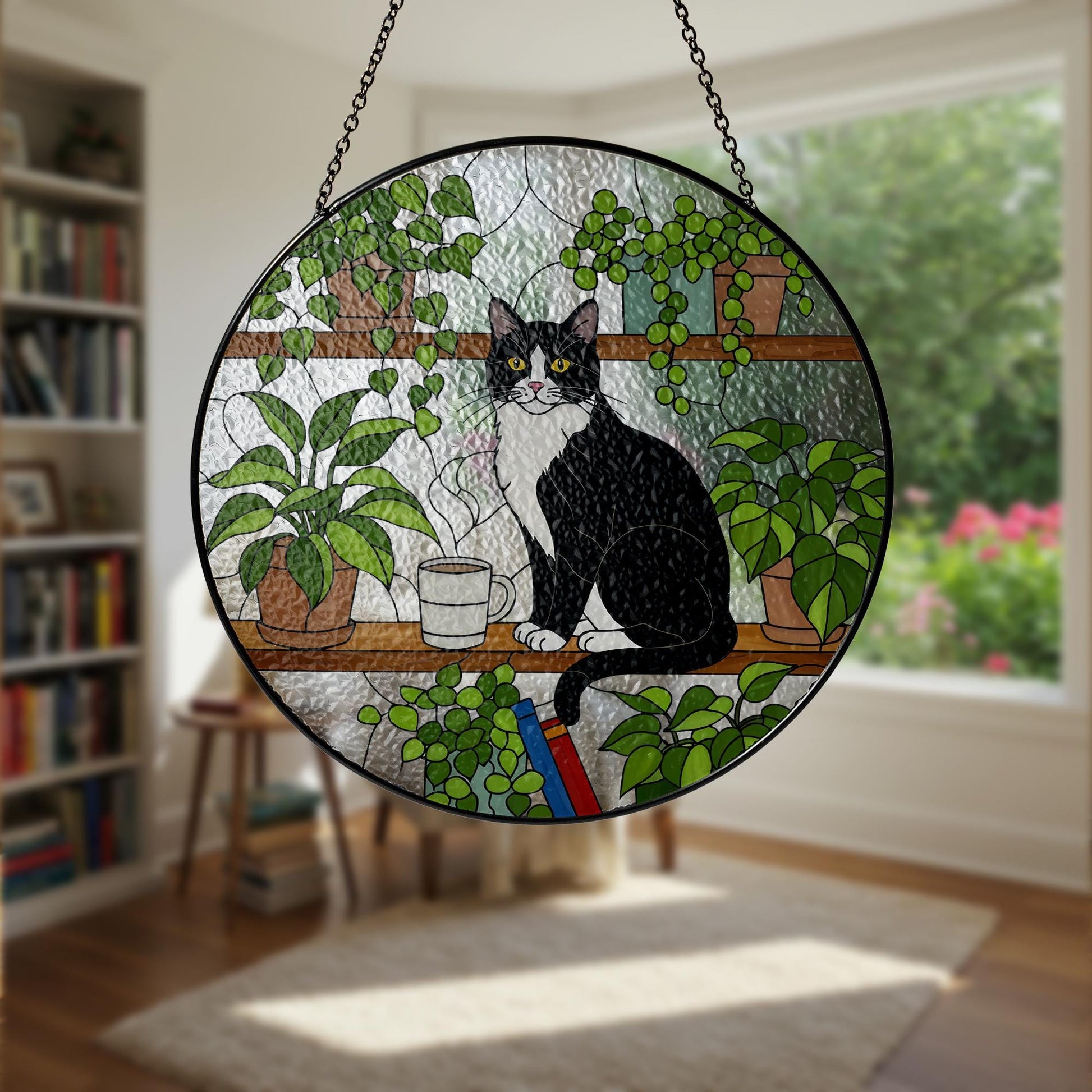 Tuxedo Cat Glass Suncatcher: Bookshelf Decor with Houseplants