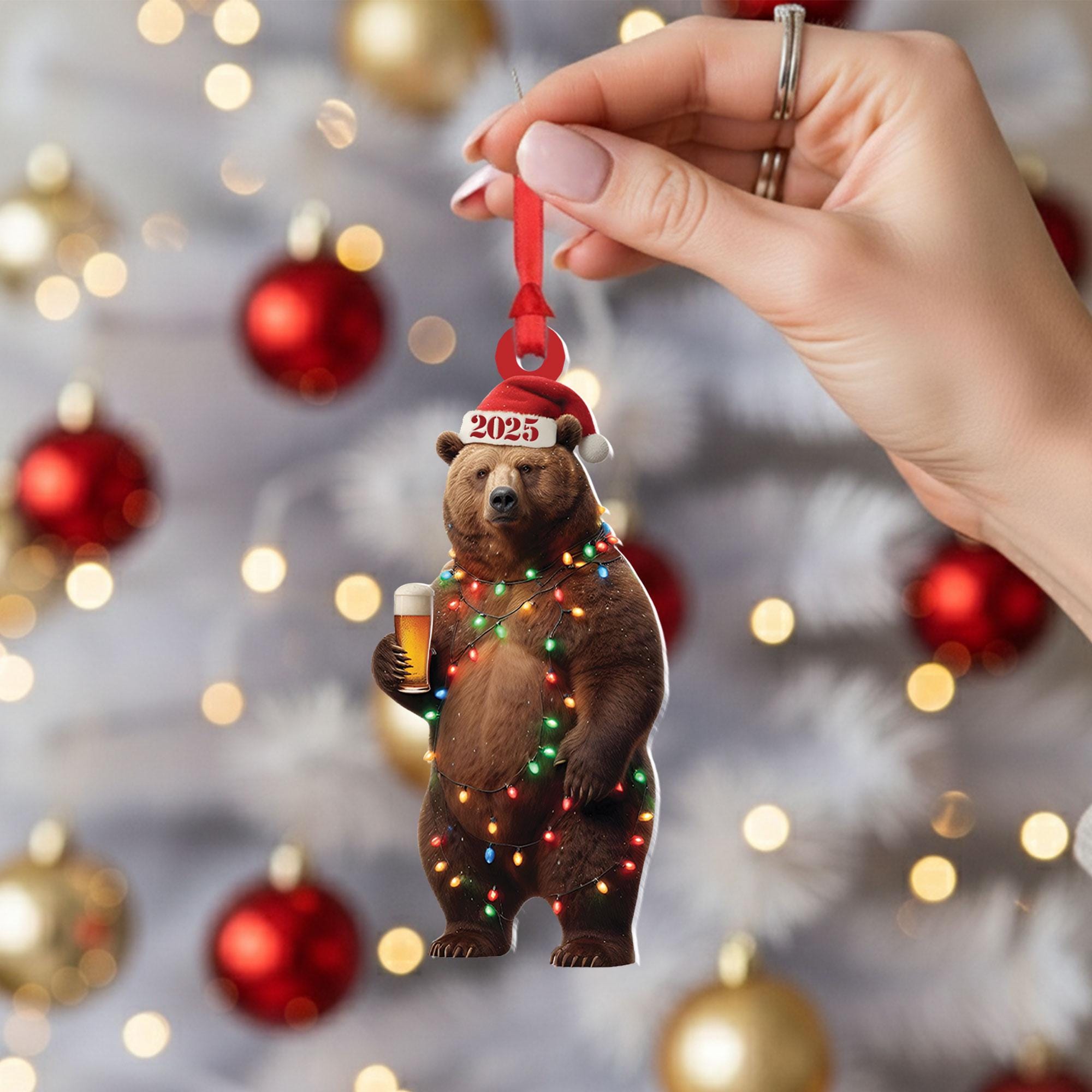Funny Beer Drinking Bear Christmas Ornament: Custom Forest Animal, 2025 Holiday Decor
