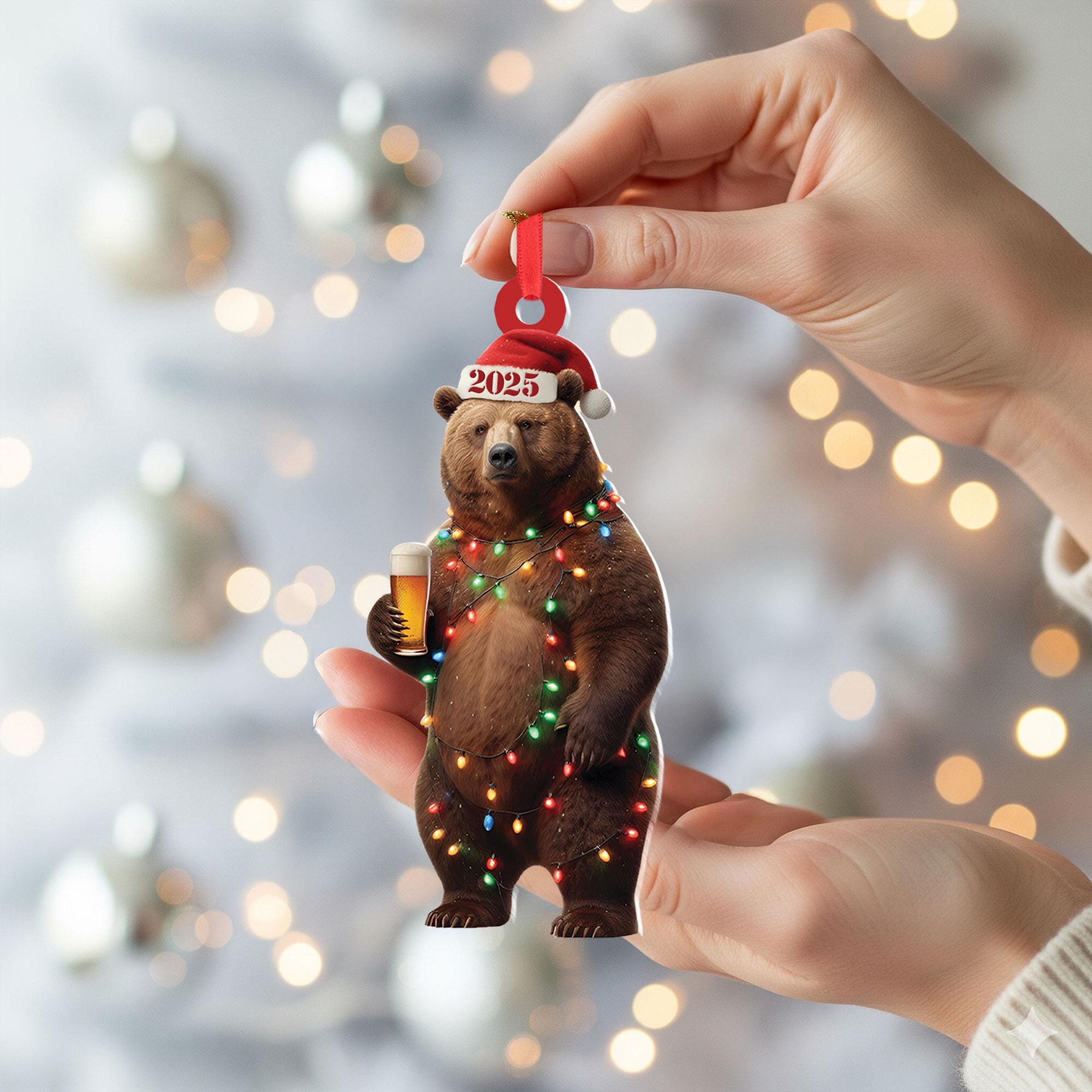 Funny Beer Drinking Bear Christmas Ornament: Custom Forest Animal, 2025 Holiday Decor