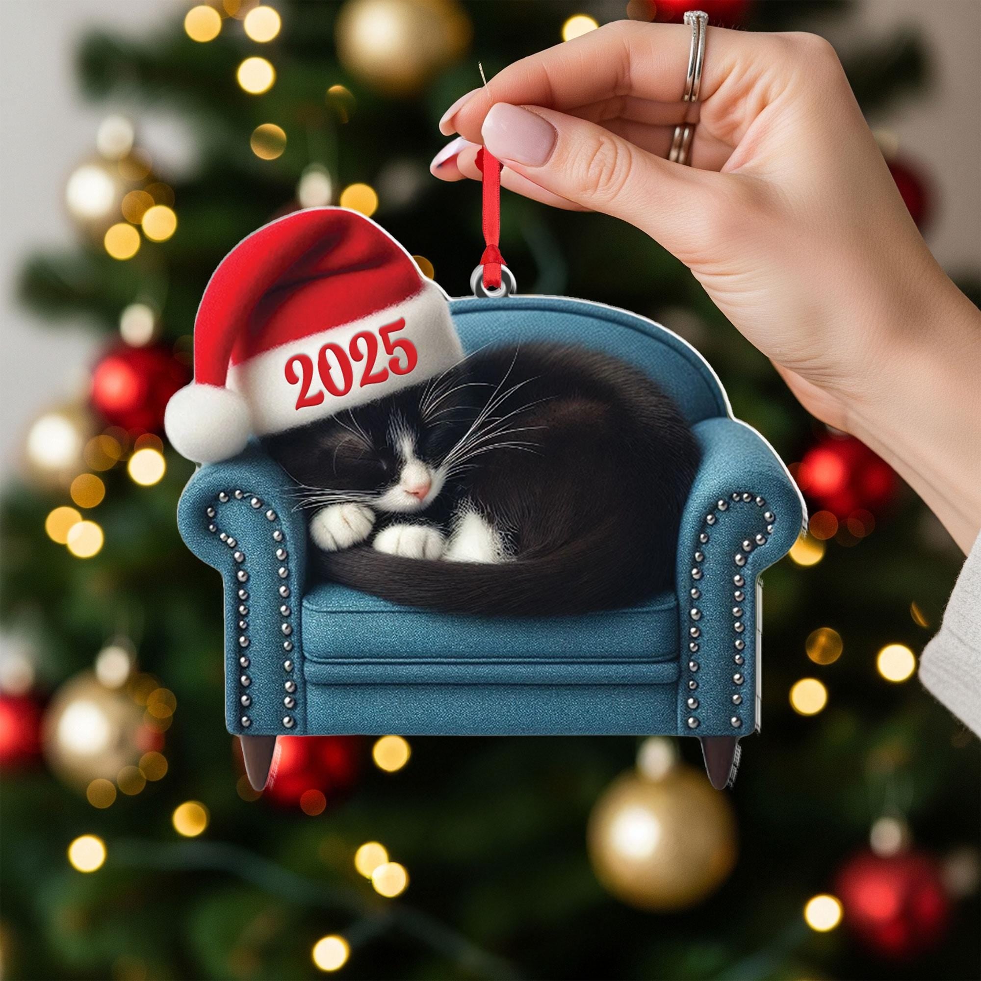 Personalized Tuxedo Cat Christmas Ornament: Double-Sided Holiday Decor