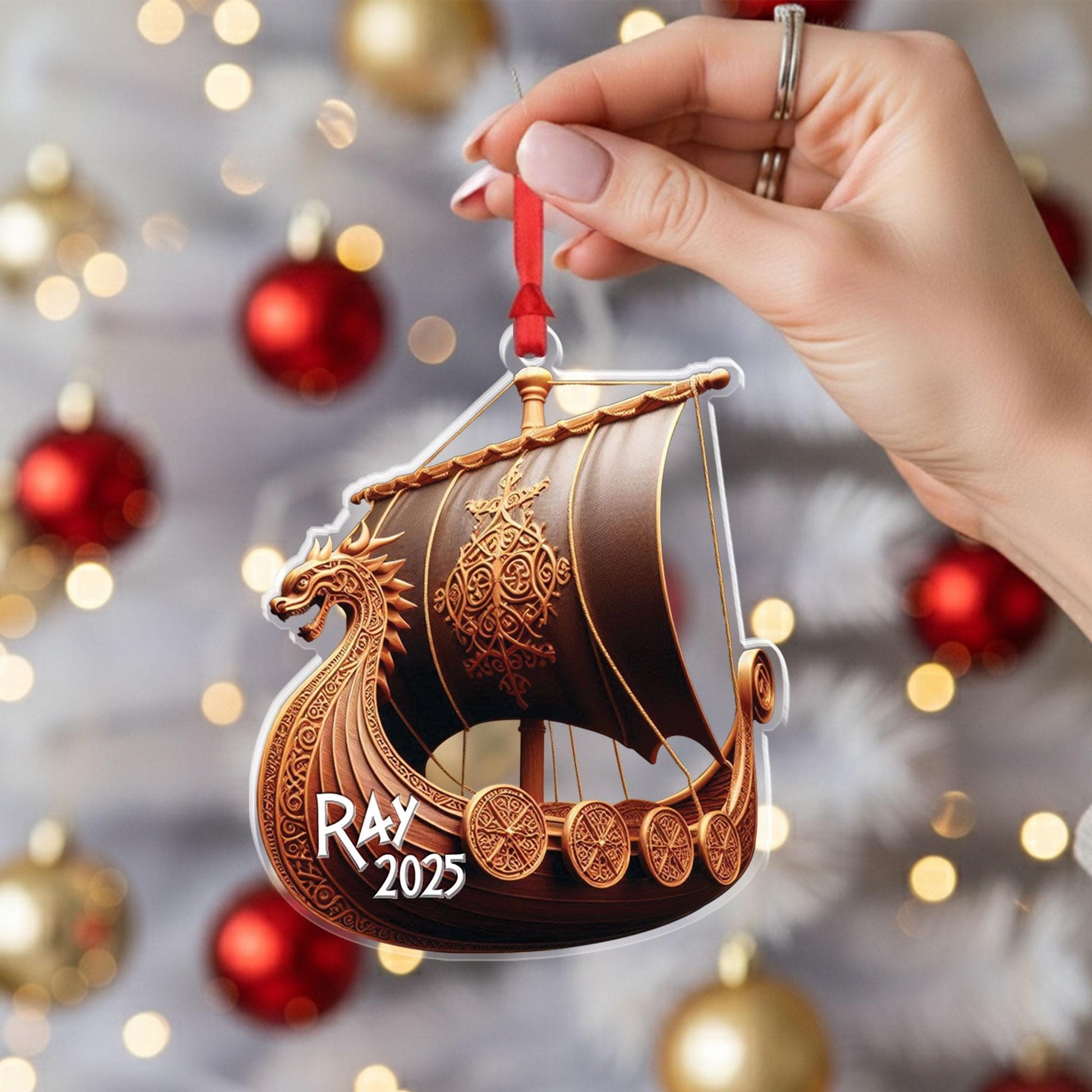 Personalized Viking Ship Ornament: Norse Dragon Boat Decor
