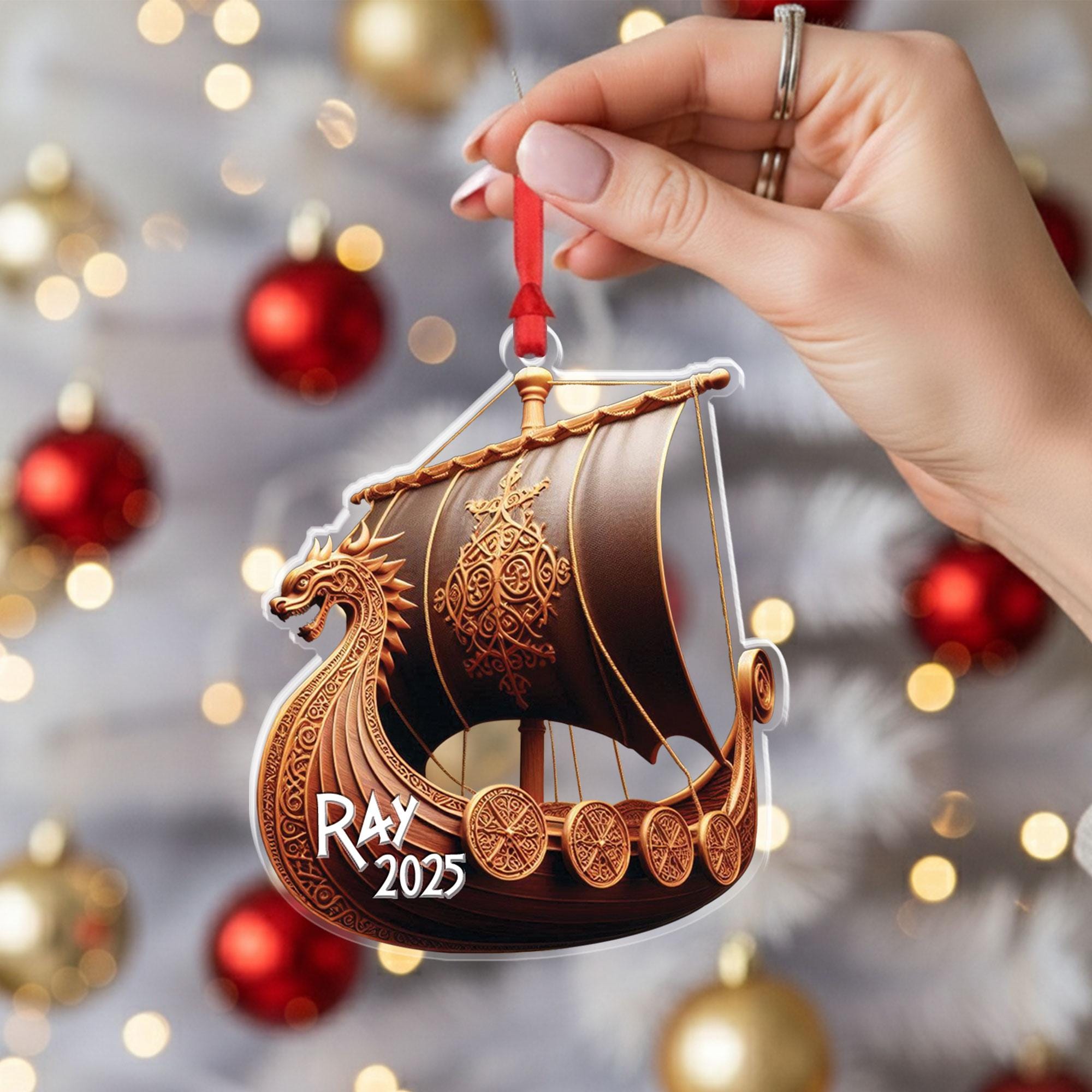 Personalized Viking Ship Ornament: Norse Dragon Boat Decor