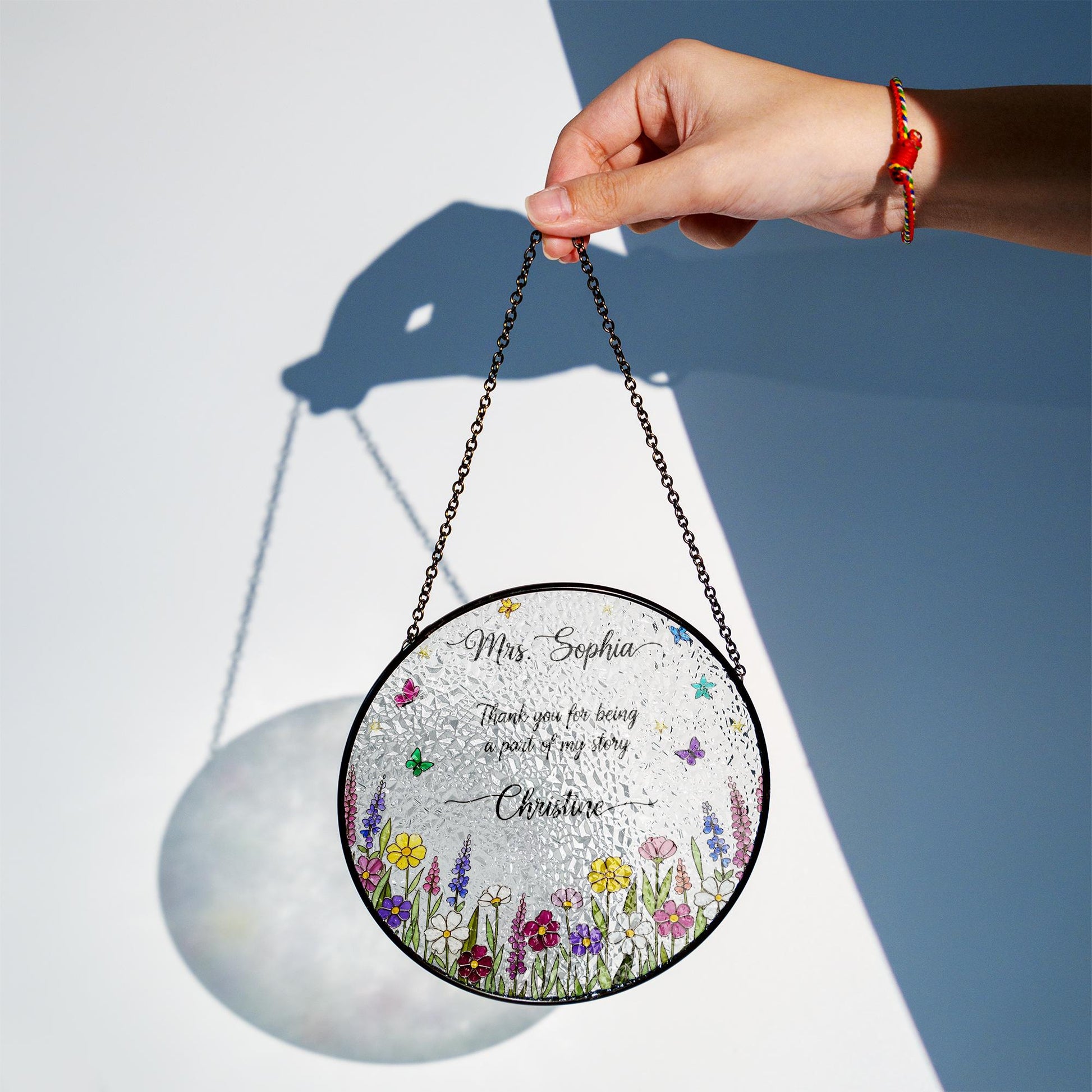 Personalized glass suncatcher, teacher appreciation gift, custom floral window hanging, thank you gift for mentor, glass decor