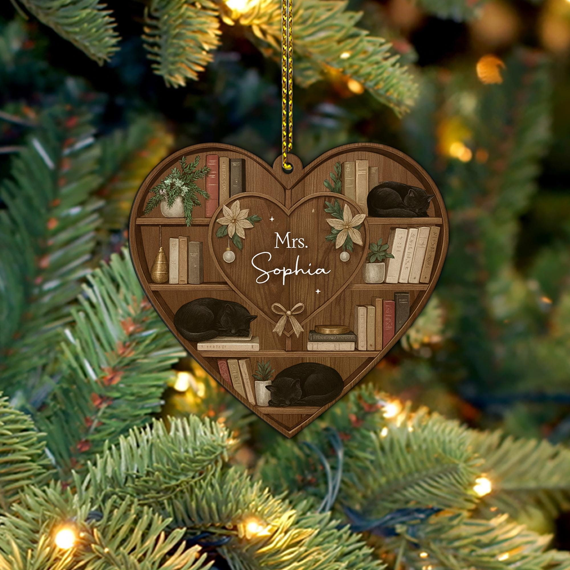 Heart Bookshelf Cat Ornament: Personalized Book Lover Decor