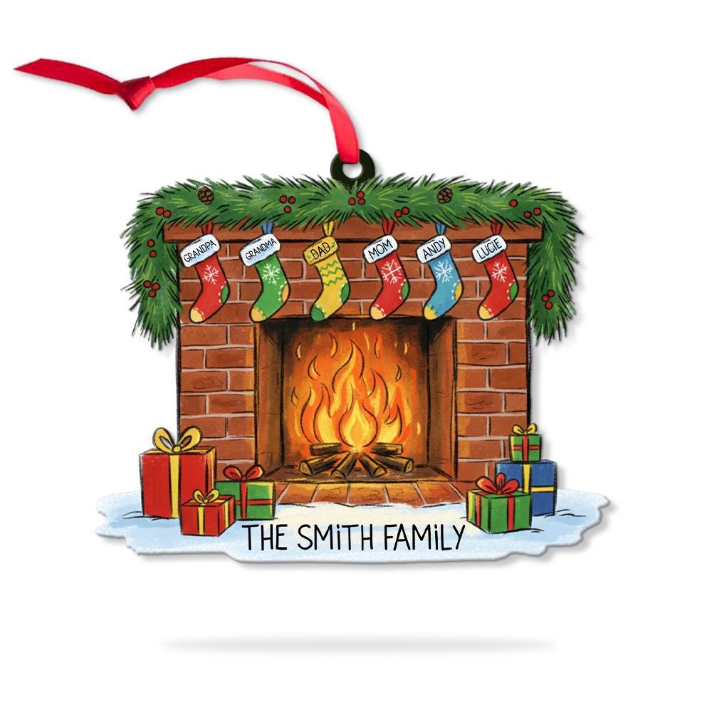 Personalized Family Fireplace Christmas Ornament: Custom Stocking Names