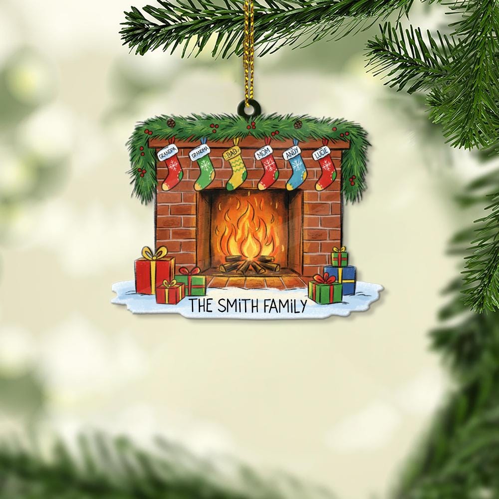 Personalized Family Fireplace Christmas Ornament: Custom Stocking Names