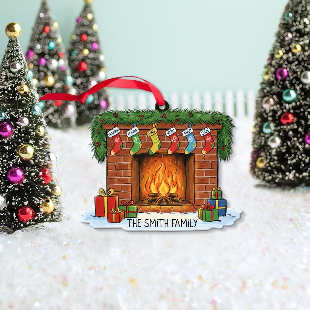Personalized Family Fireplace Christmas Ornament: Custom Stocking Names