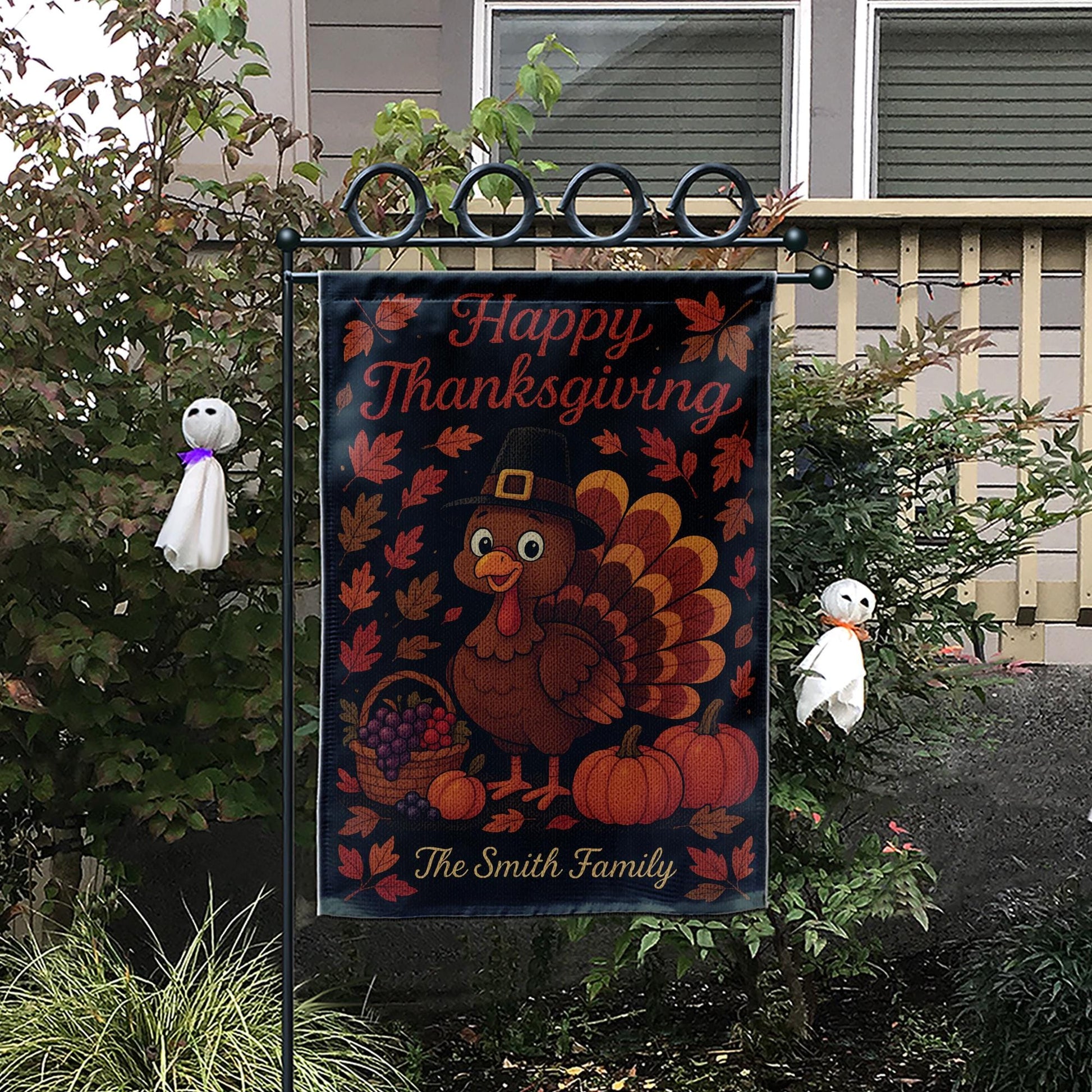 Happy Thanksgiving Garden Flag: Personalized Fall Yard Decor with Turkey Pumpkins
