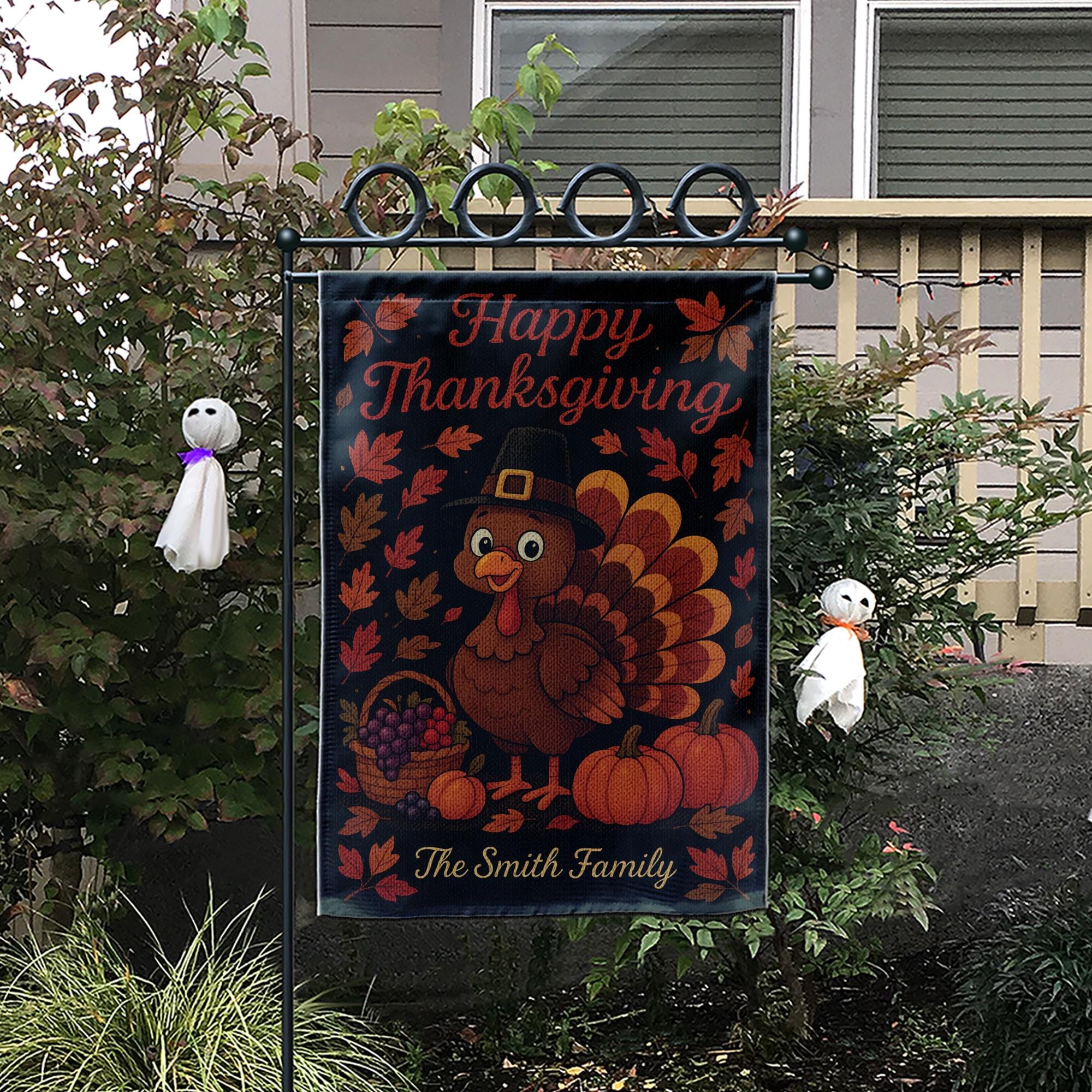 Happy Thanksgiving Garden Flag: Personalized Fall Yard Decor with Turkey Pumpkins