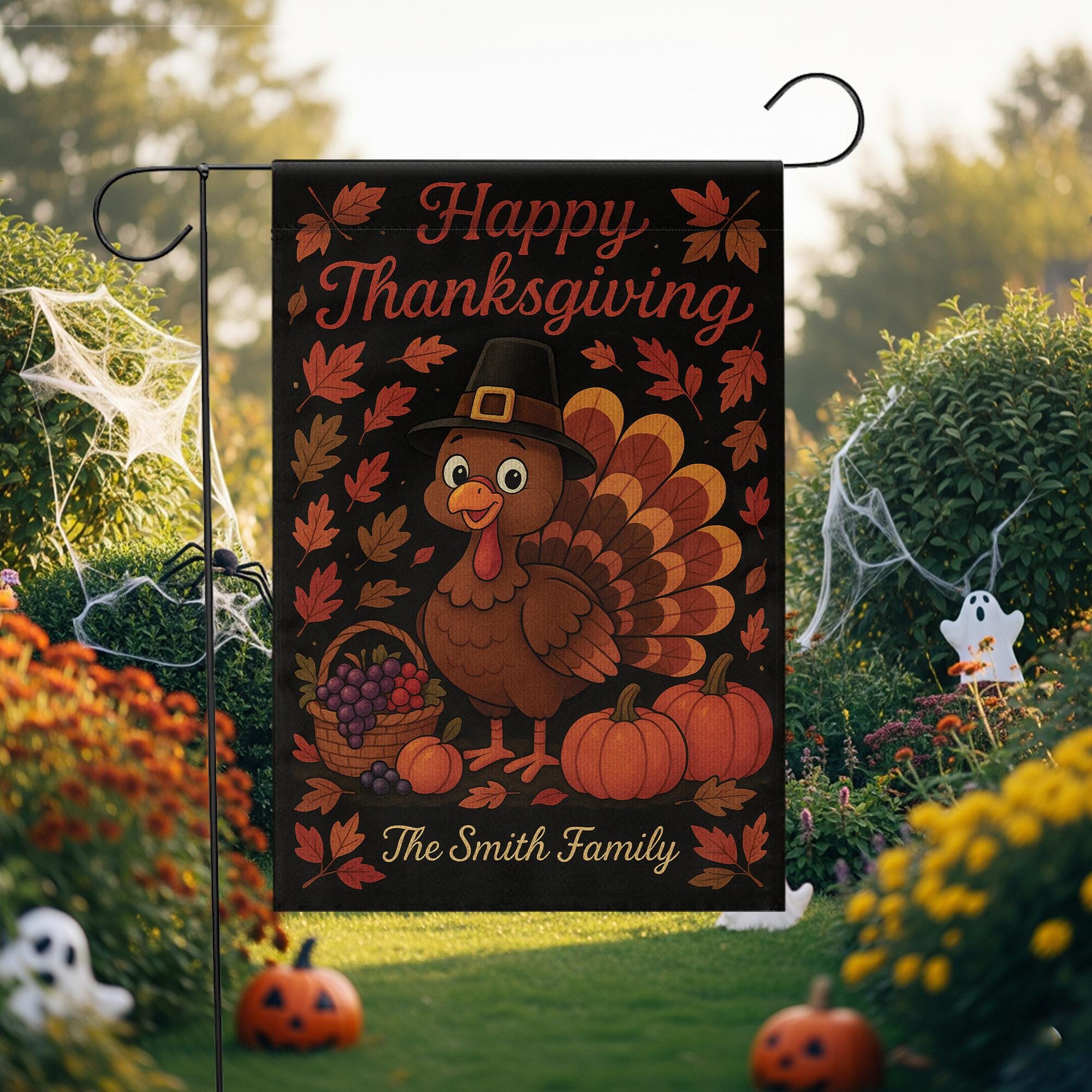 Happy Thanksgiving Garden Flag: Personalized Fall Yard Decor with Turkey Pumpkins