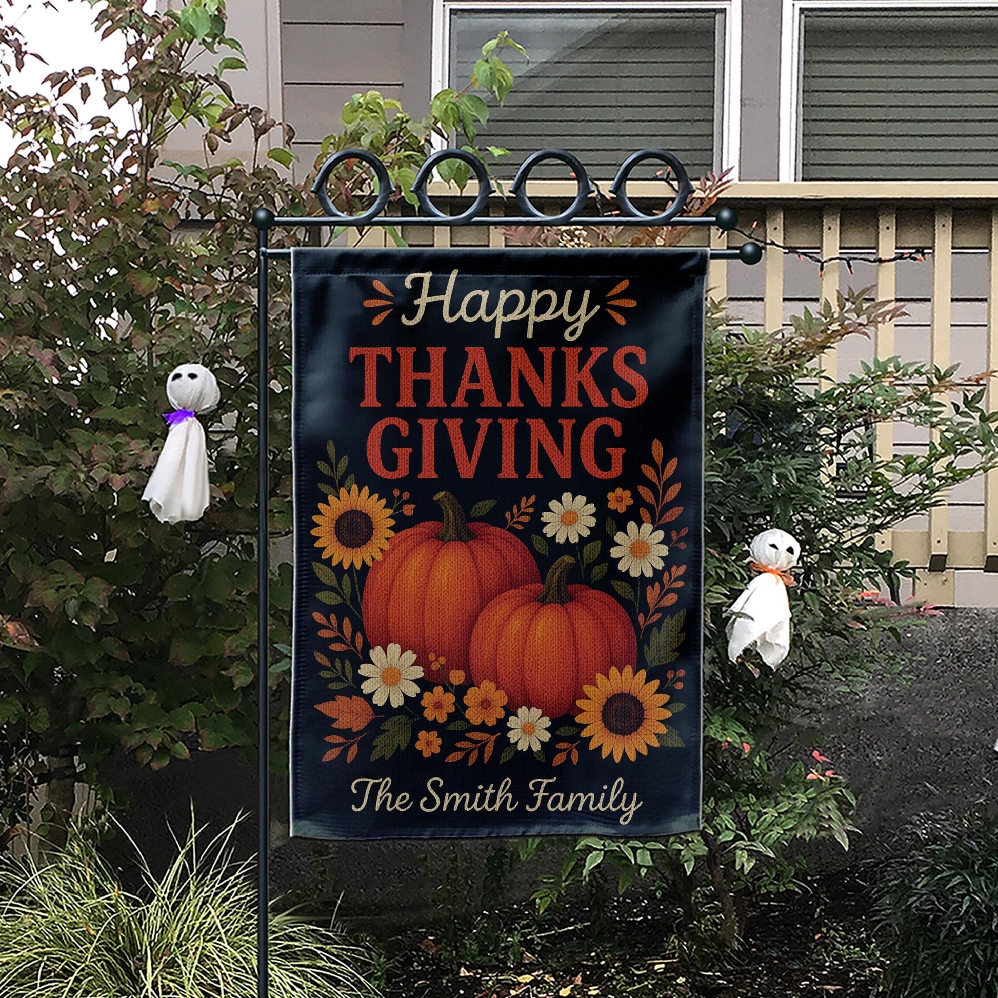 Happy Thanksgiving Garden Flag: Personalized Pumpkin Yard Decor with Sunflowers