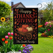 Happy Thanksgiving Garden Flag: Personalized Fall Yard Flag with Pumpkin Wheelbarrow