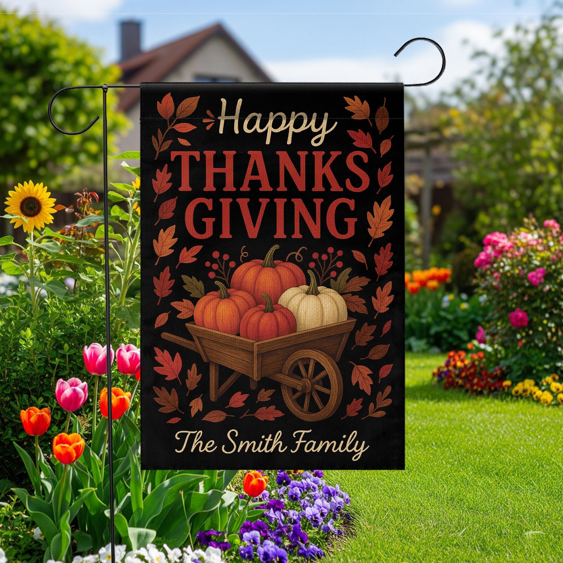 Happy Thanksgiving Garden Flag: Personalized Fall Yard Flag with Pumpkin Wheelbarrow