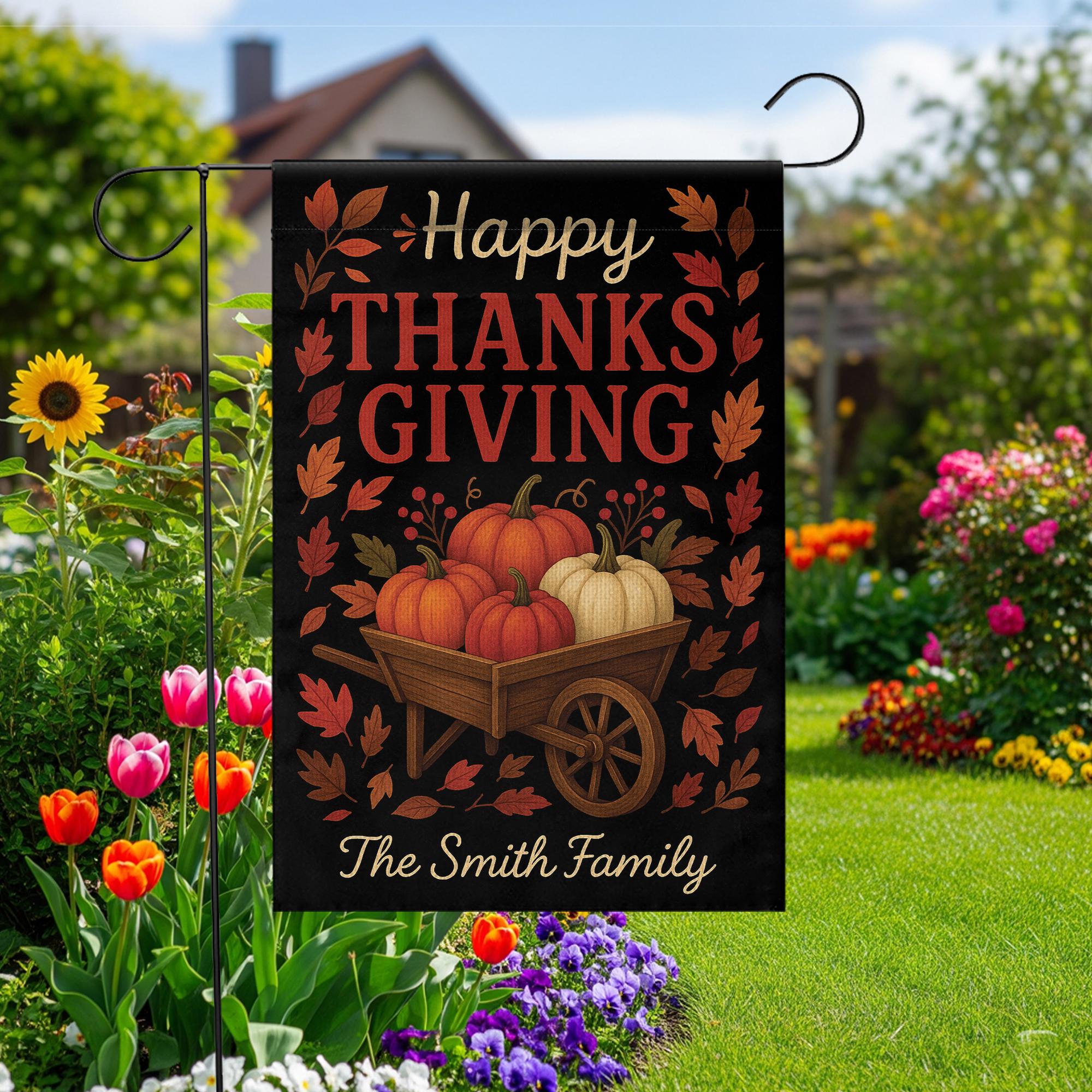 Happy Thanksgiving Garden Flag: Personalized Fall Yard Flag with Pumpkin Wheelbarrow