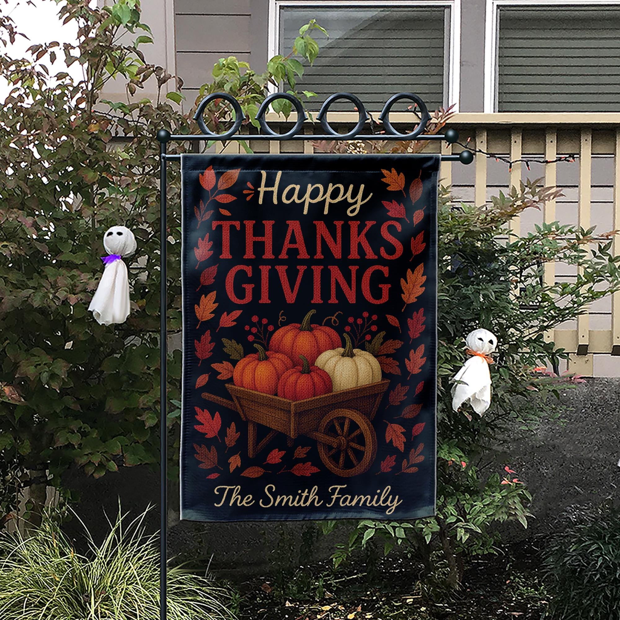 Happy Thanksgiving Garden Flag: Personalized Fall Yard Flag with Pumpkin Wheelbarrow