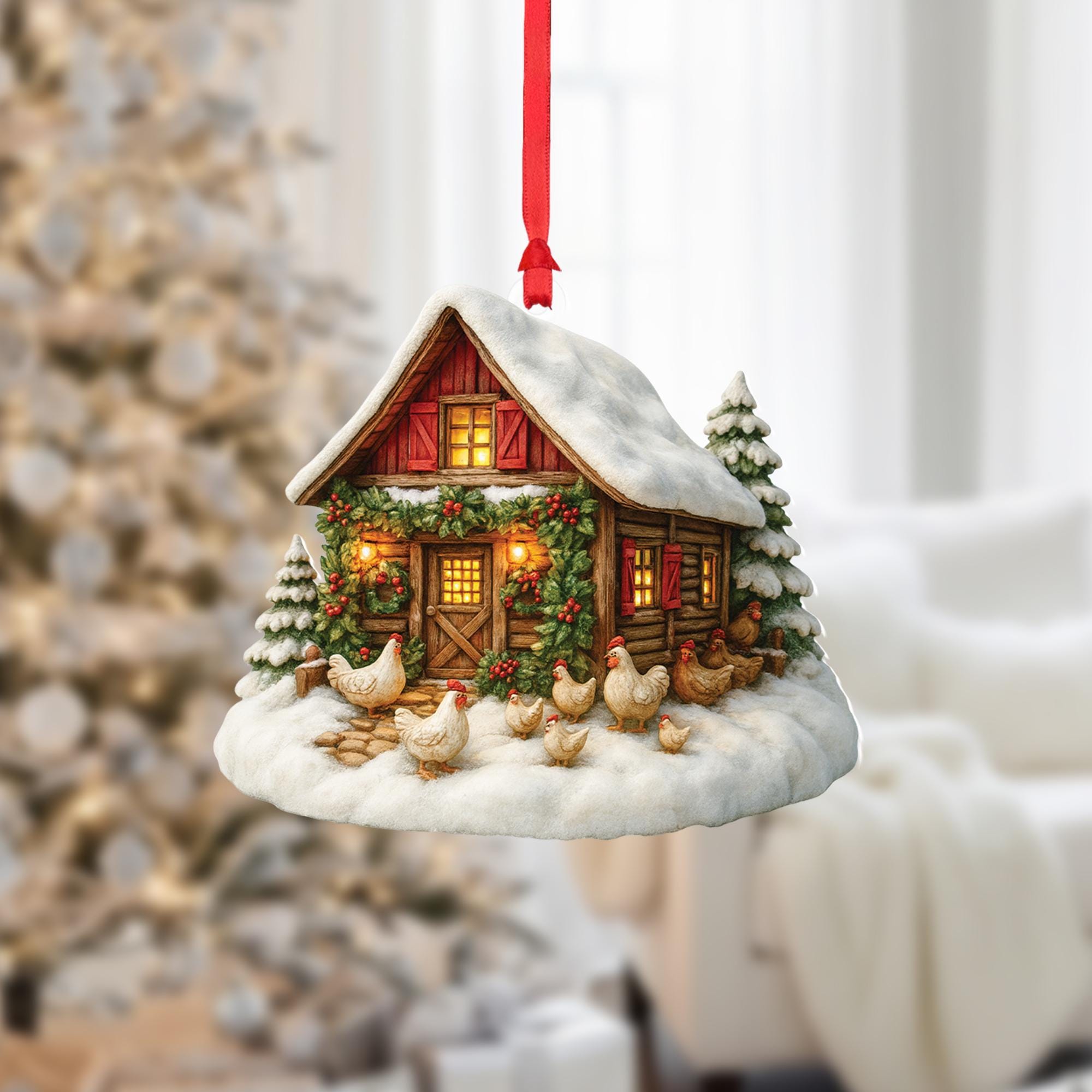 Farmhouse Christmas Ornament: Cozy Cabin, Chickens, Snowy Trees