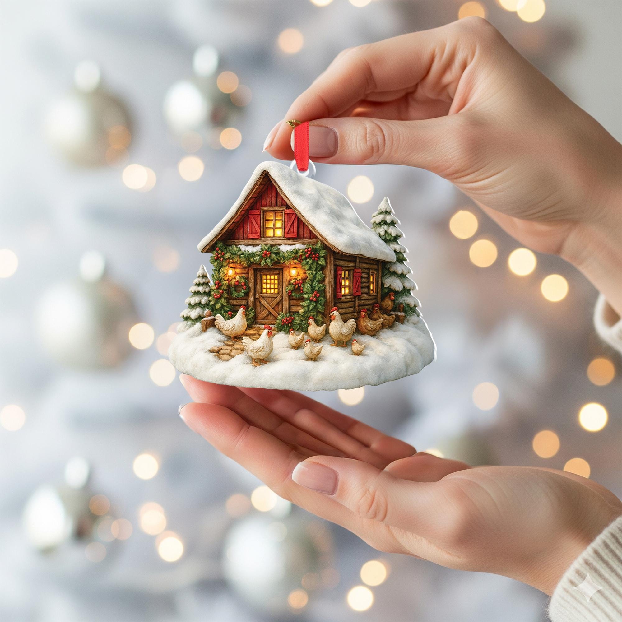 Farmhouse Christmas Ornament: Cozy Cabin, Chickens, Snowy Trees