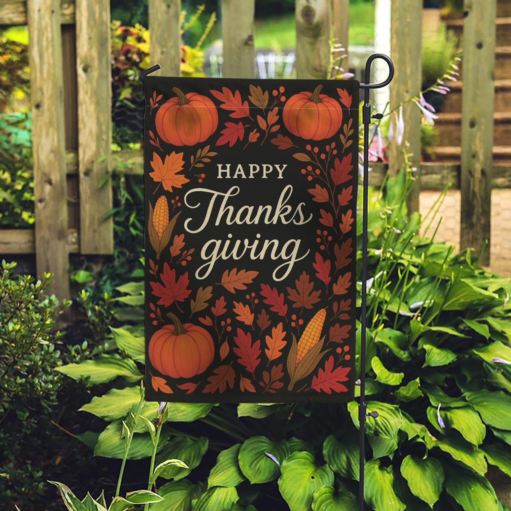 Happy Thanksgiving Garden Flag: Fall Yard Decoration with Pumpkins and Corn