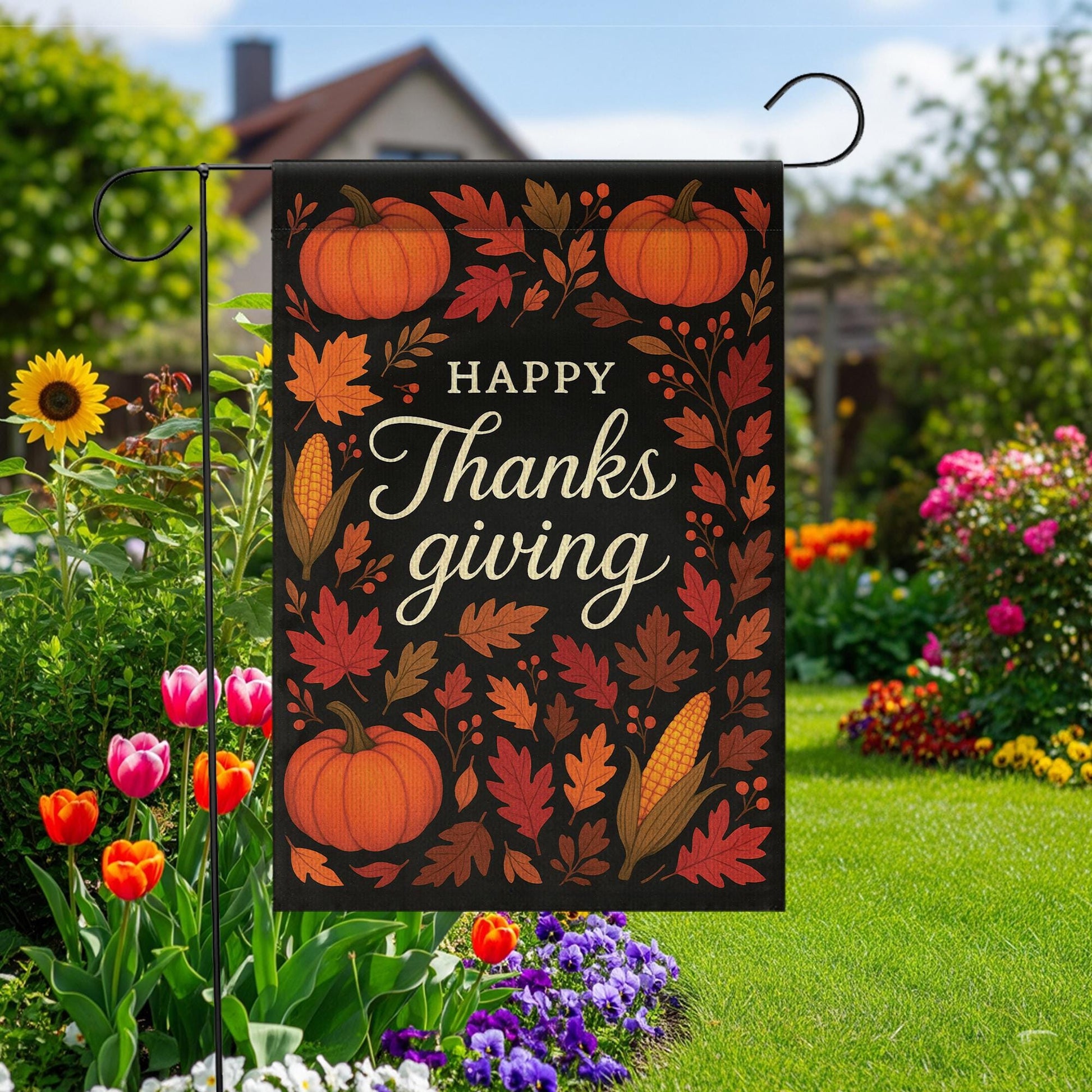 Happy Thanksgiving Garden Flag: Fall Yard Decoration with Pumpkins and Corn