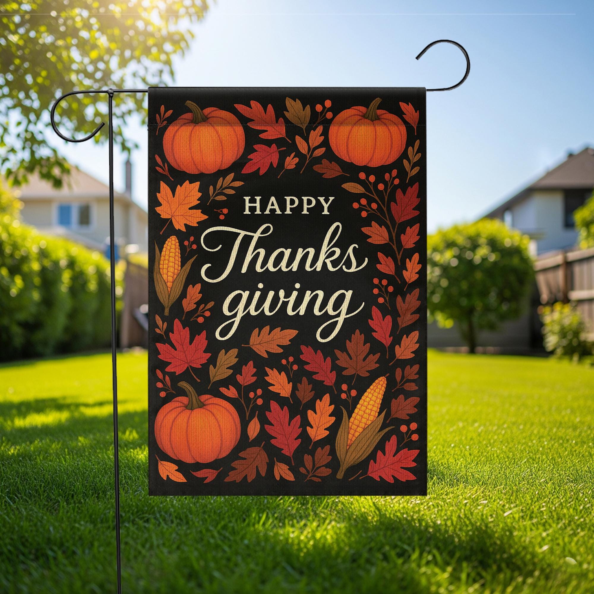 Happy Thanksgiving Garden Flag: Fall Yard Decoration with Pumpkins and Corn